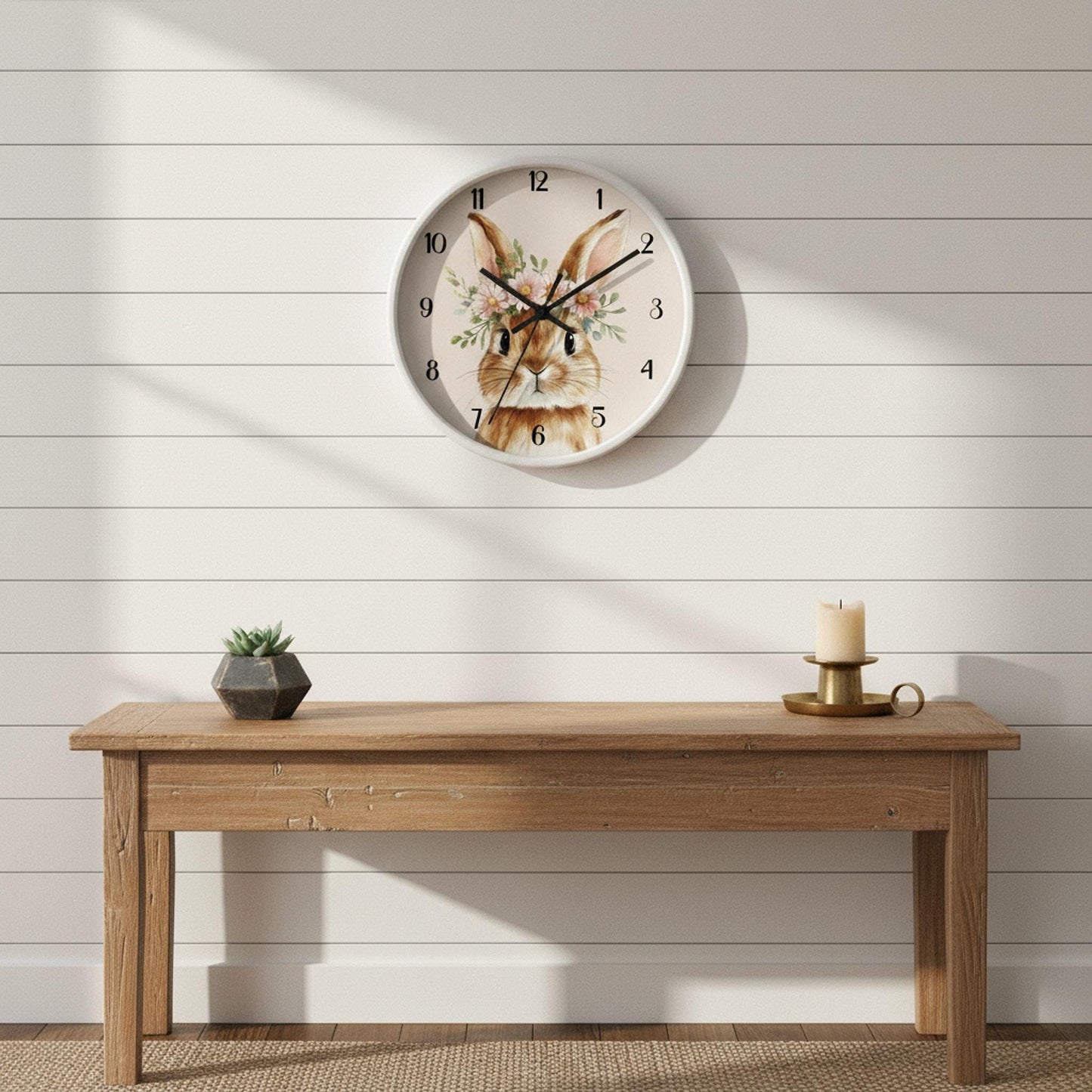 Rabbit Wall Clock, Floral Watercolor Bunny with 100% Wood Frame, 10-Inch Square