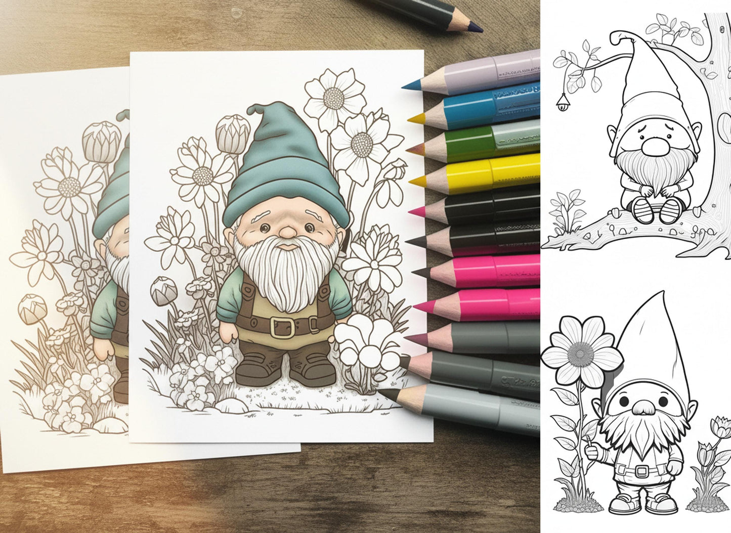 Coloring Download 20 Gnome Pages, Printable 8.5 x 11 Inch Digital File
