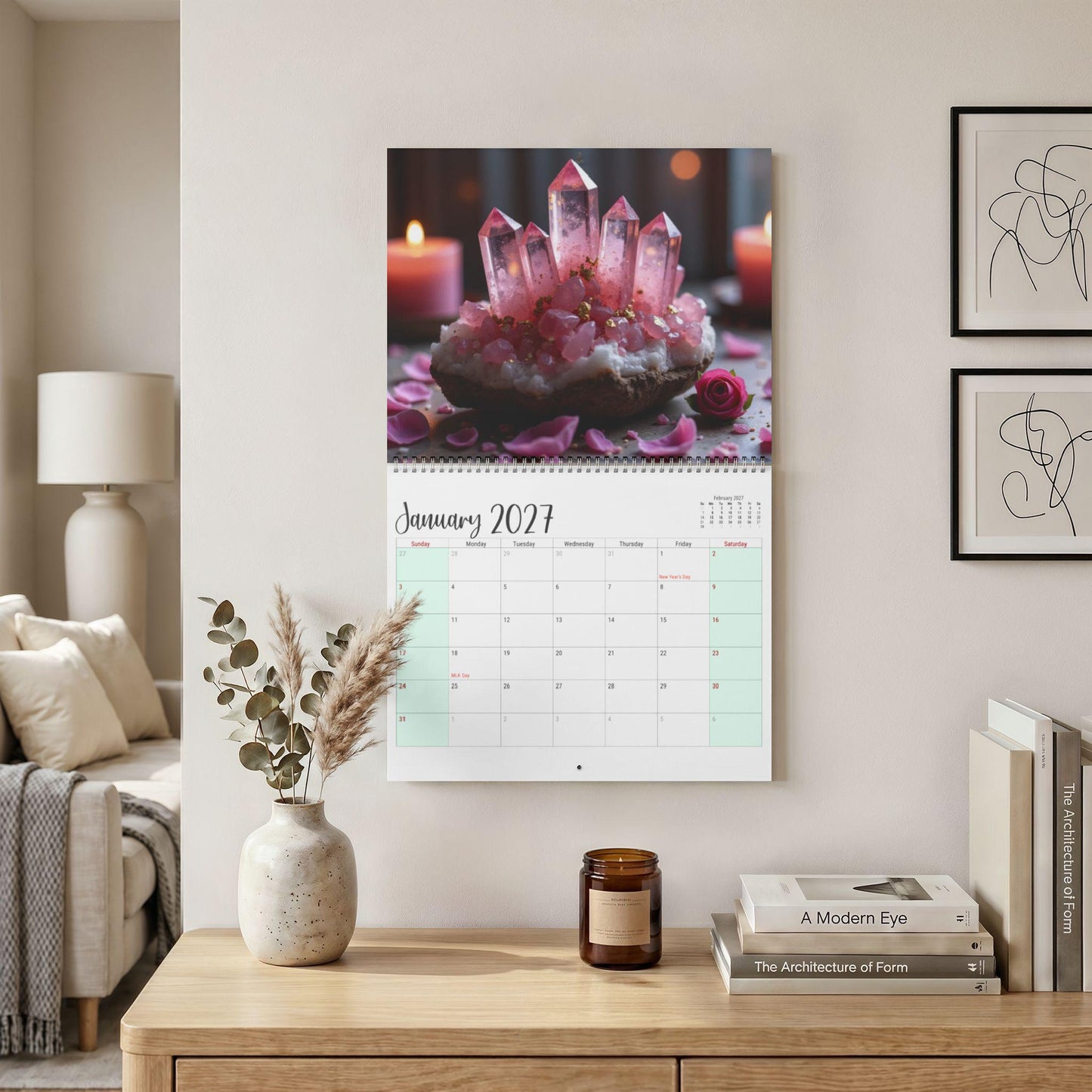Healing Crystals Wall Calendar, 2027 Monthly Photography, Spiral-Bound Writable Grid