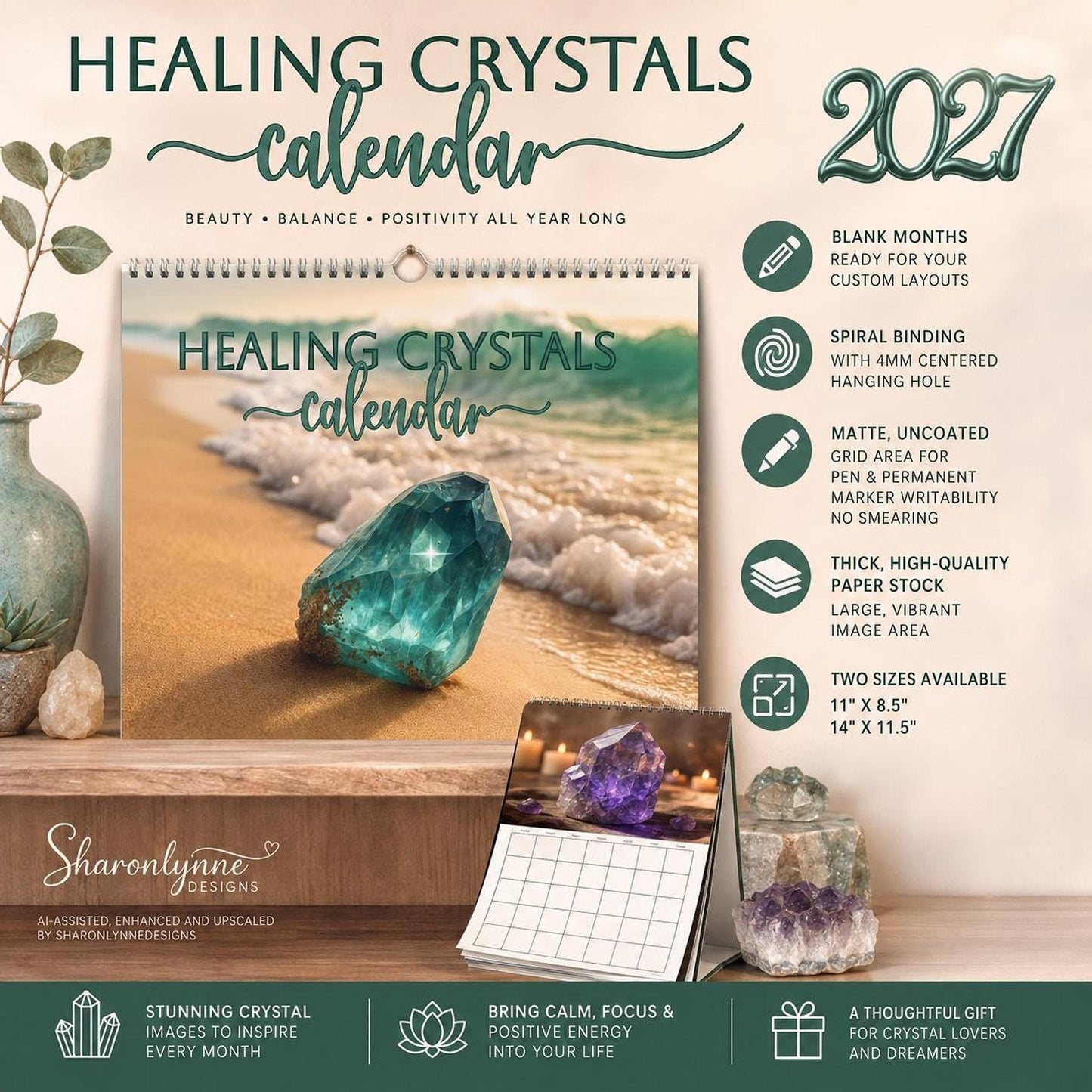 Healing Crystals Wall Calendar, 2027 Monthly Photography, Spiral-Bound Writable Grid