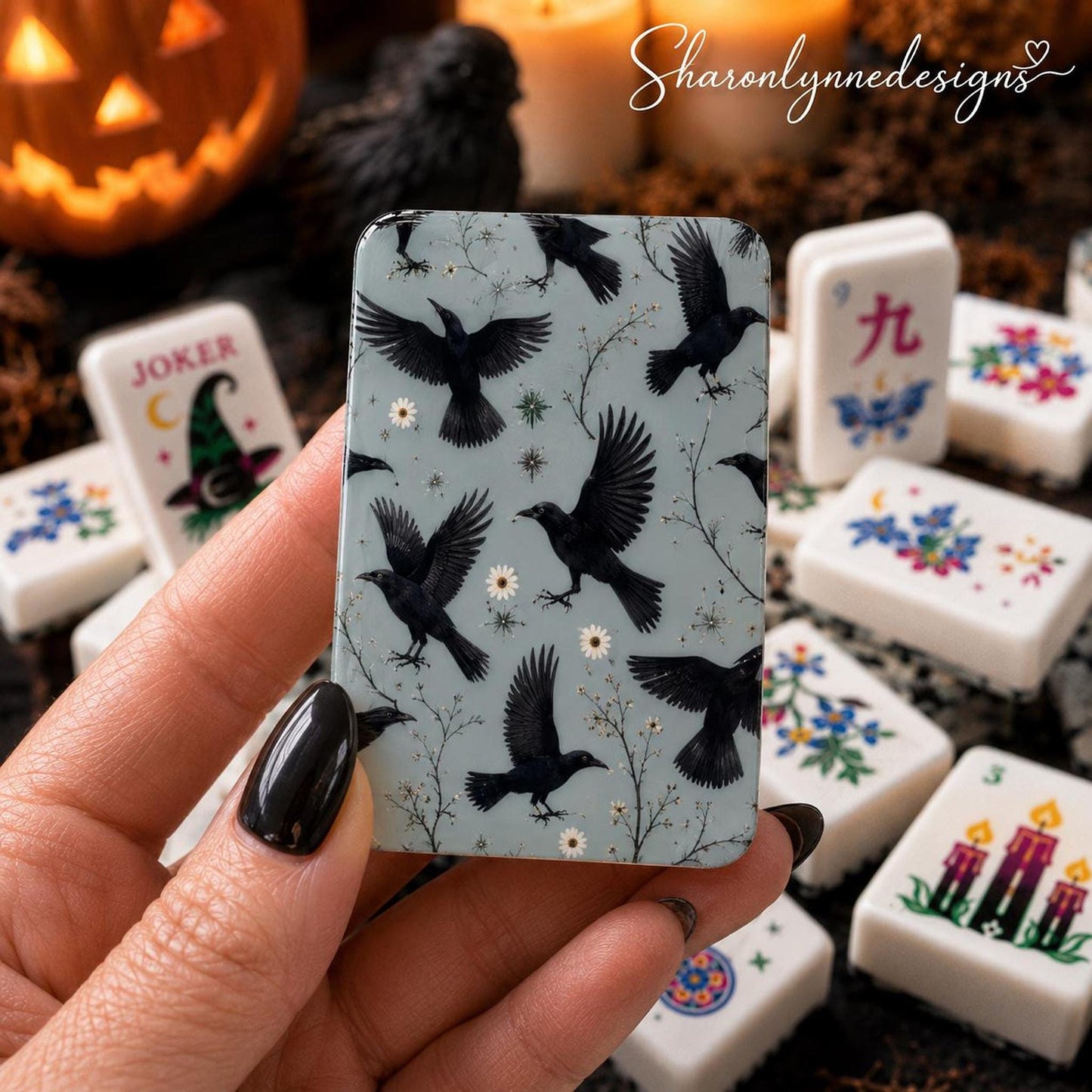 Crow Halloween Mahjong Tile Set, 160 Acrylic with Gothic Raven Design