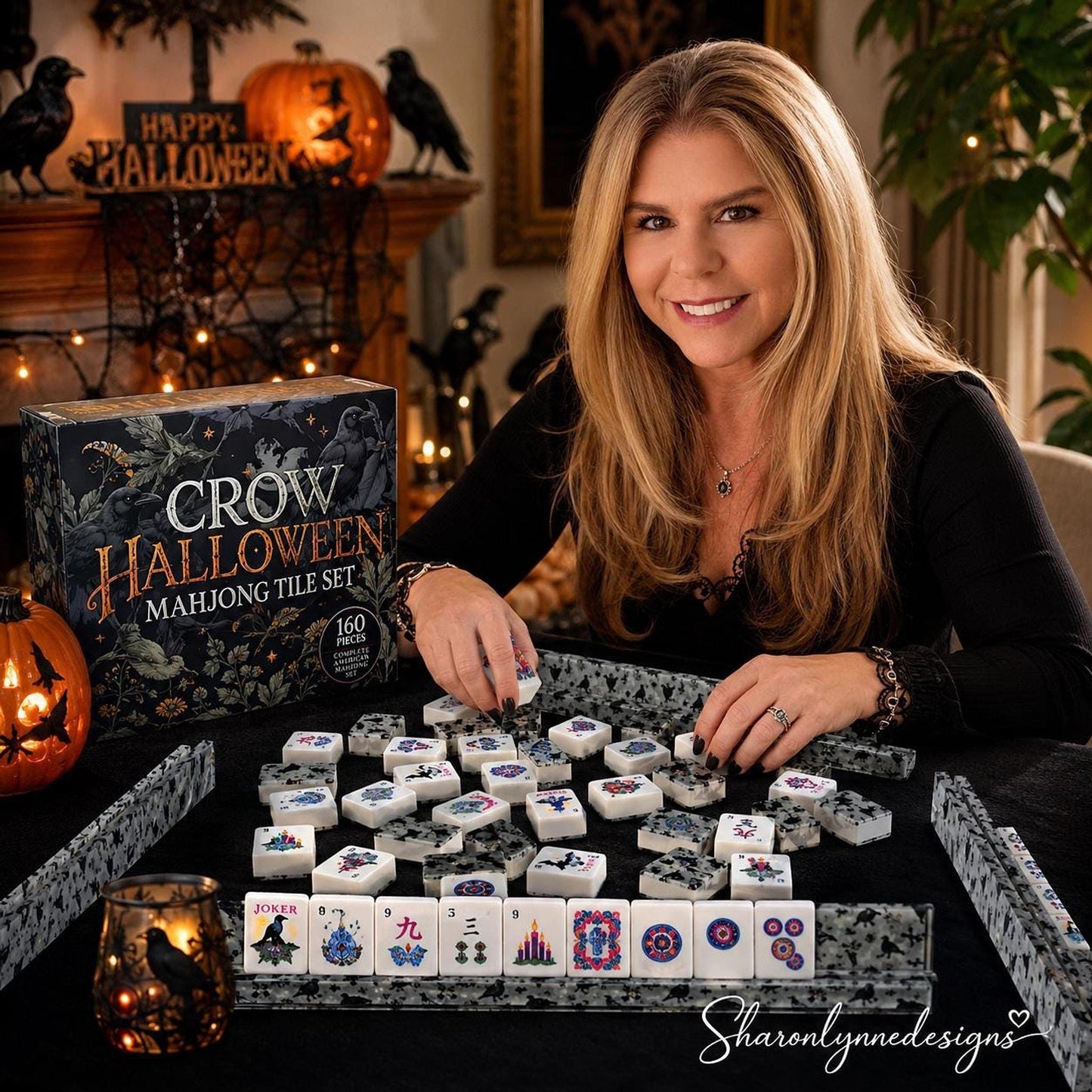 Crow Halloween Mahjong Tile Set, 160 Acrylic with Gothic Raven Design