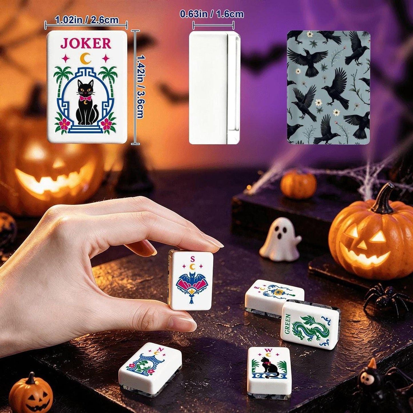 Crow Halloween Mahjong Tile Set, 160 Acrylic with Gothic Raven Design