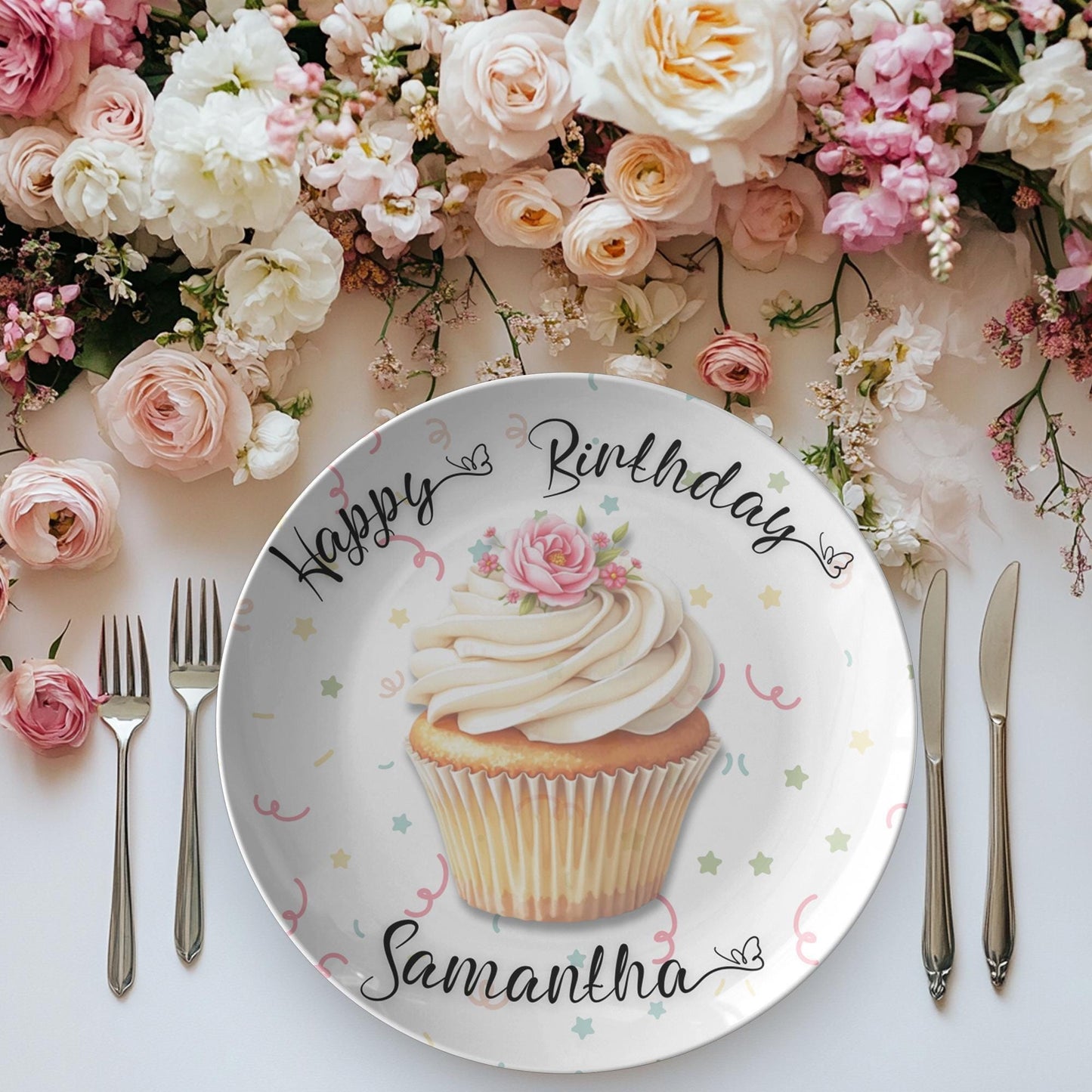 Decorative Tableware Cupcake Birthday Plate, Personalized 10-Inch ThermoSaf Polymer, Dishwasher Safe