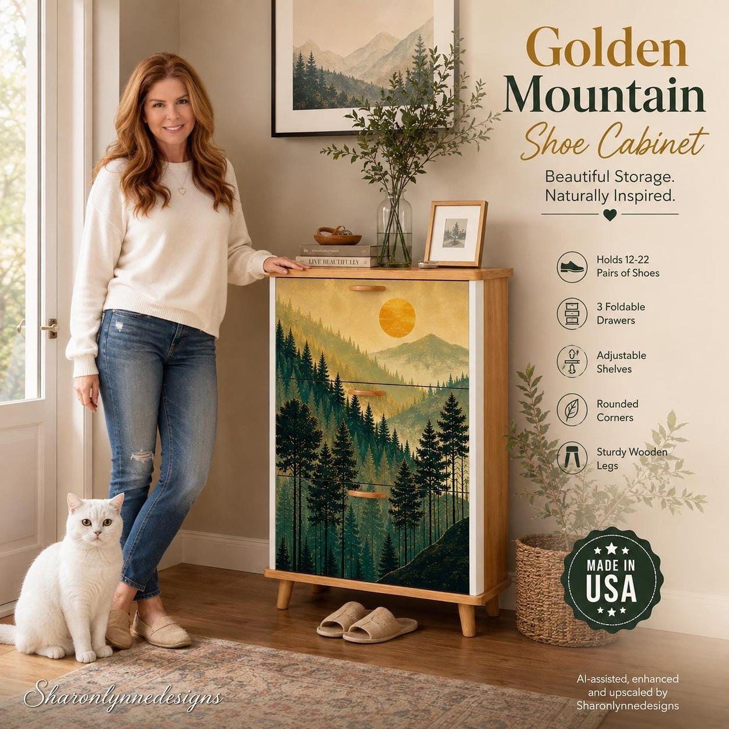 Golden Mountain Shoe Cabinet – Scenic Forest Entryway Storage | Made in USA