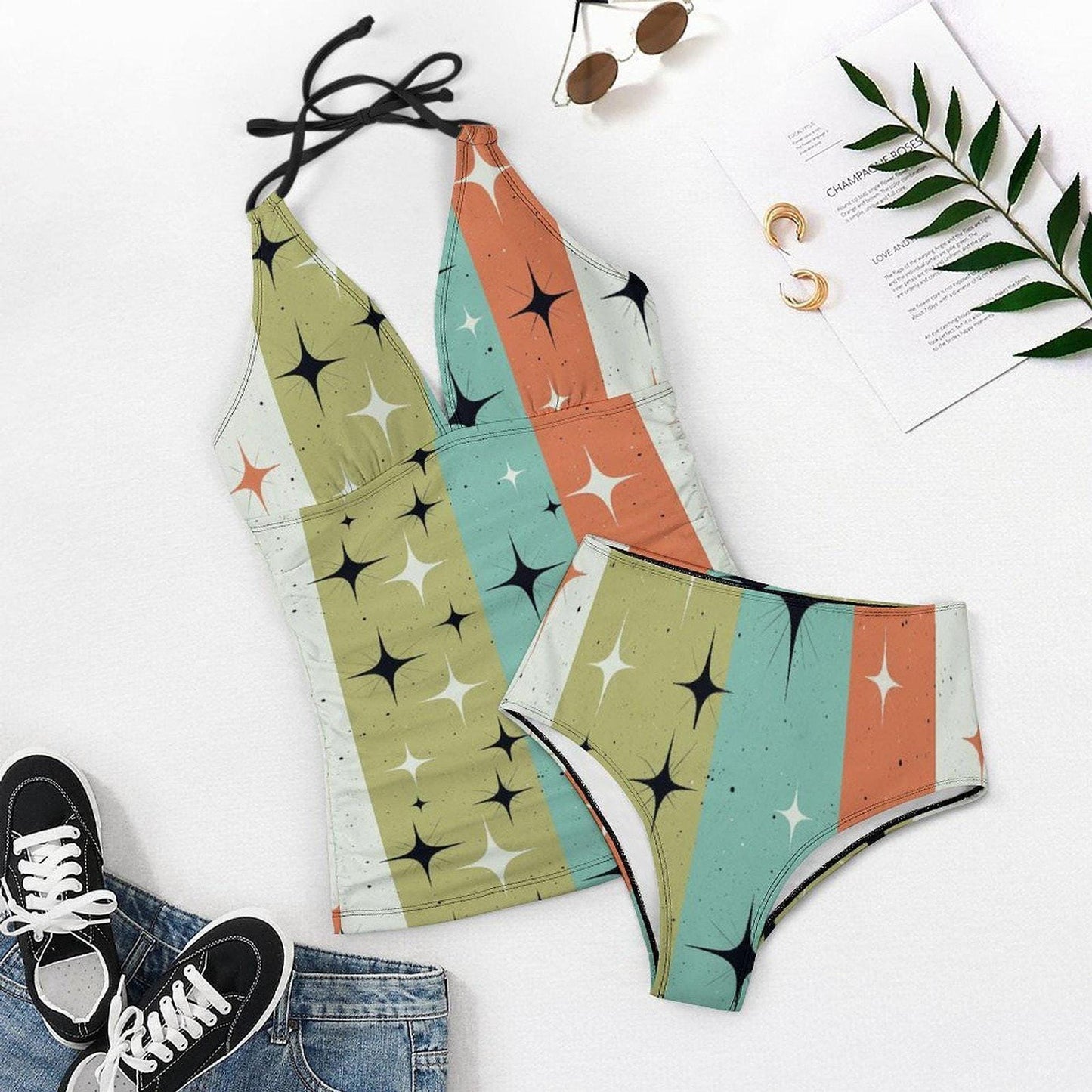 Retro Tankini Swimsuit Set, Women's Halter Design in Colorful Print
