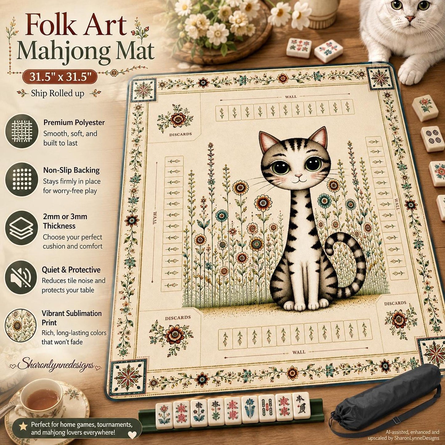 Folk Art Mahjong Mat, 31.5" x 31.5" Non-Slip Playing Surface with Storage Bag