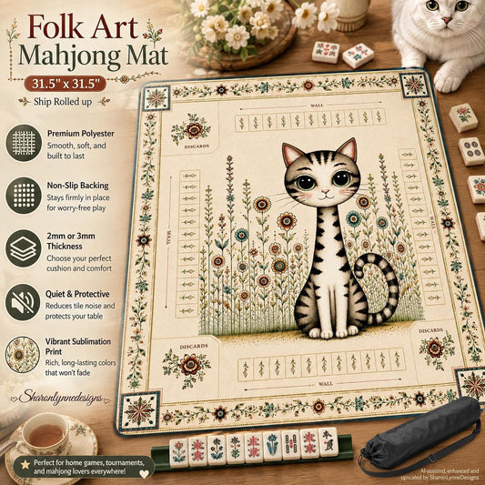 Folk Art Mahjong Mat, 31.5" x 31.5" Non-Slip Playing Surface with Storage Bag