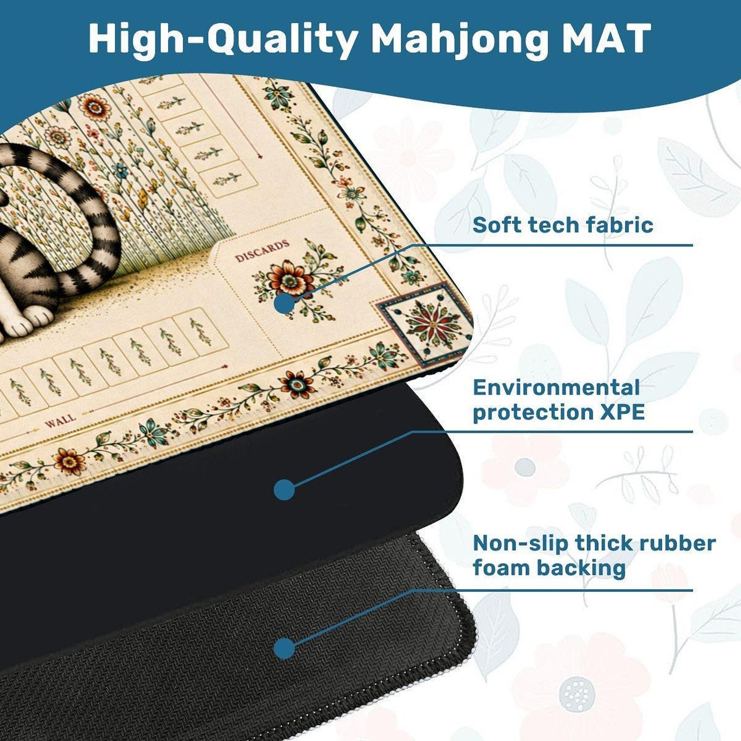 Folk Art Mahjong Mat, 31.5" x 31.5" Non-Slip Playing Surface with Storage Bag