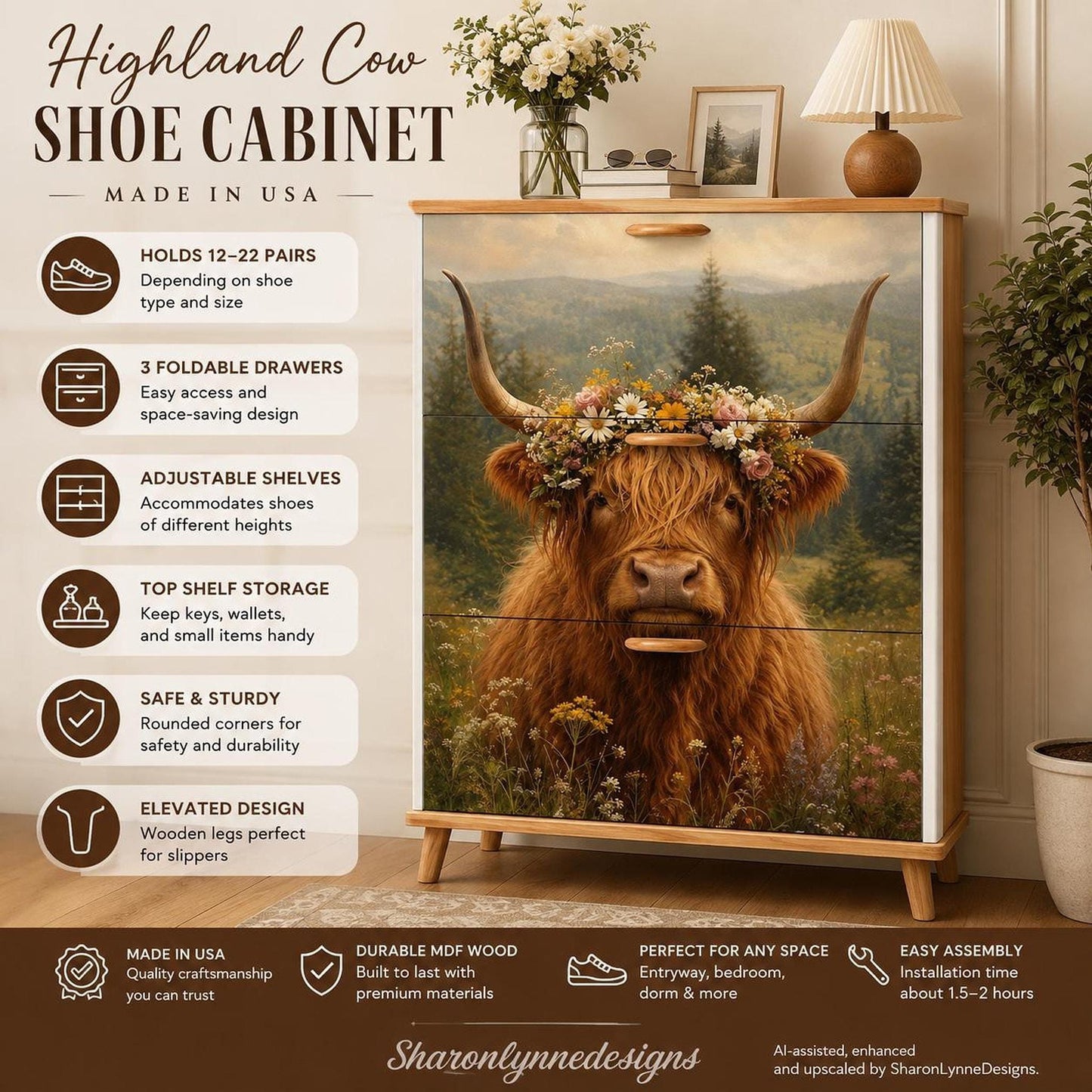 Highland Cow Shoe Cabinet, Farmhouse Entryway Storage, Floral Meadow Organizer
