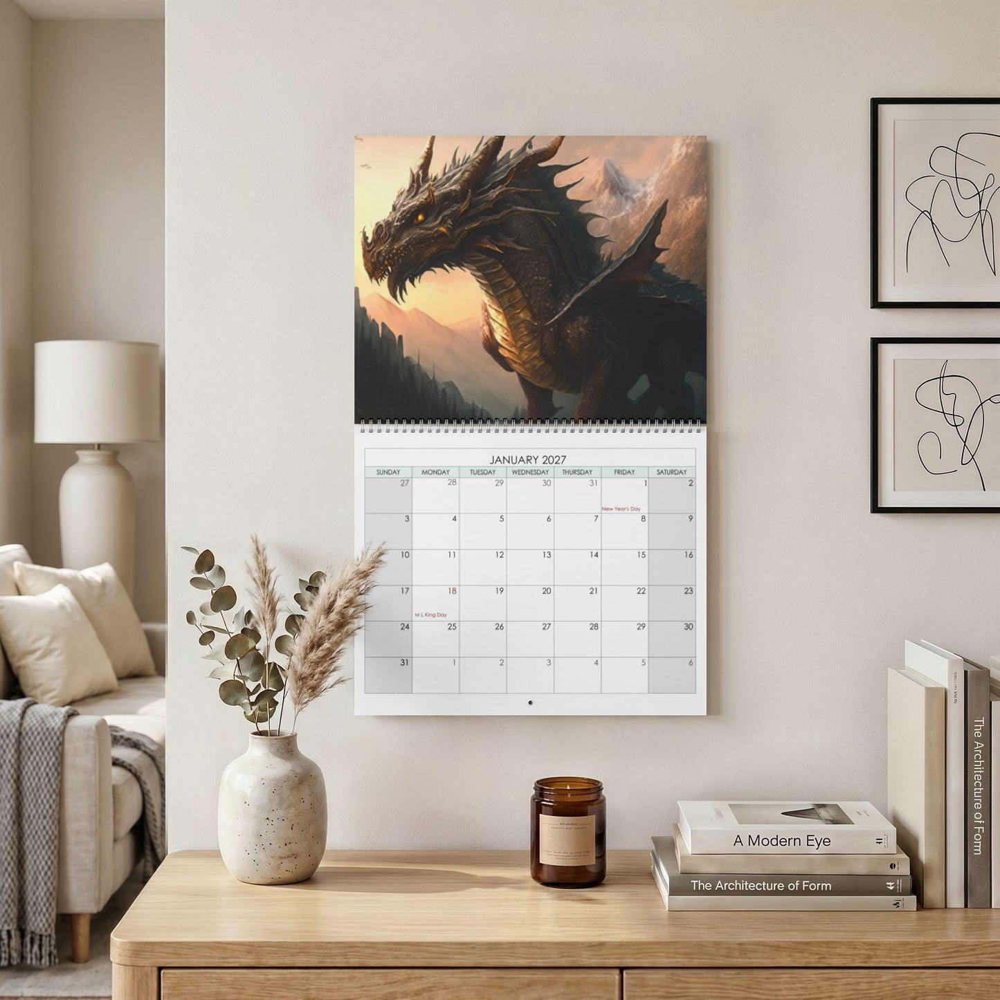2027 Fiery Dragon Wall Calendar | Fantasy Art, Customizable Grid