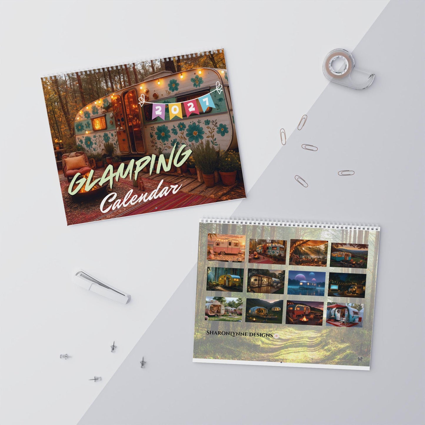 Wall Calendar with Retro Camper Images, 12-Month Glamping Design
