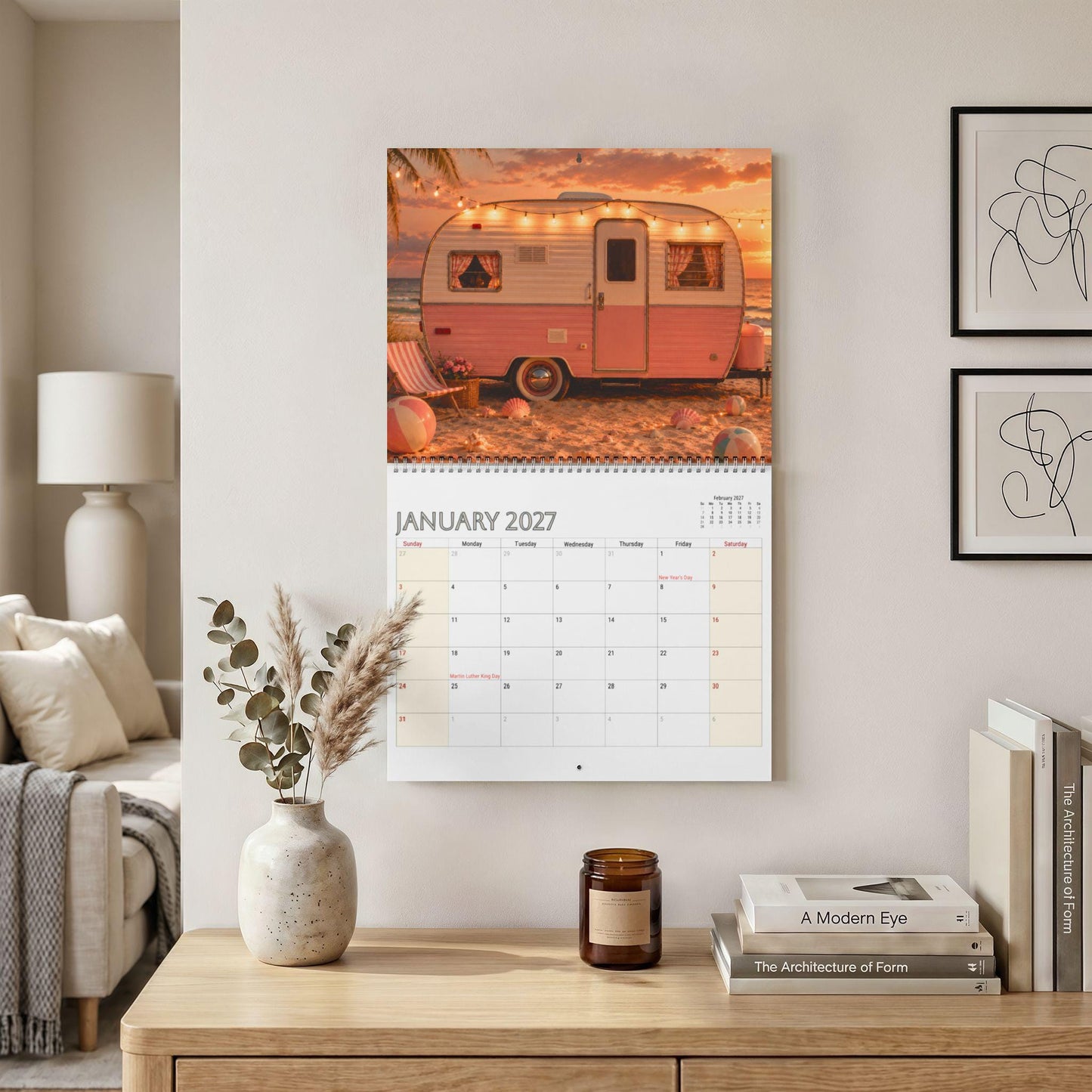 Wall Calendar with Retro Camper Images, 12-Month Glamping Design