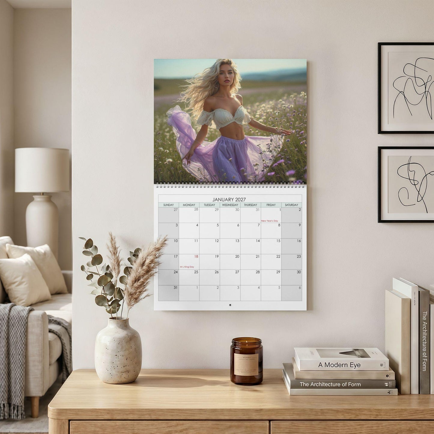 Fields of Desire 2027 Wall Calendar, Artistic Female Portraits Floral Design (Two Sizes)