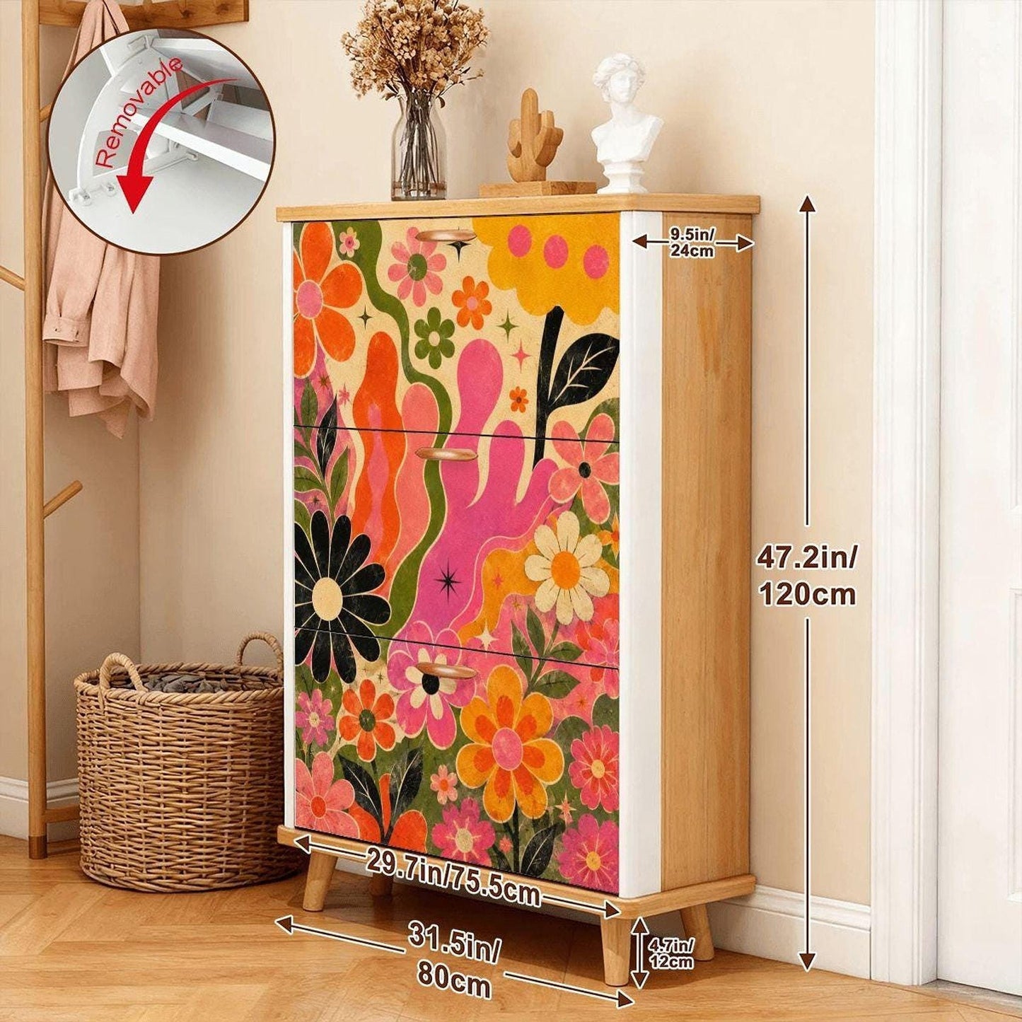 Groovy Shoe Rack, Retro Floral Cabinet with Flip Drawers for Stylish Storage