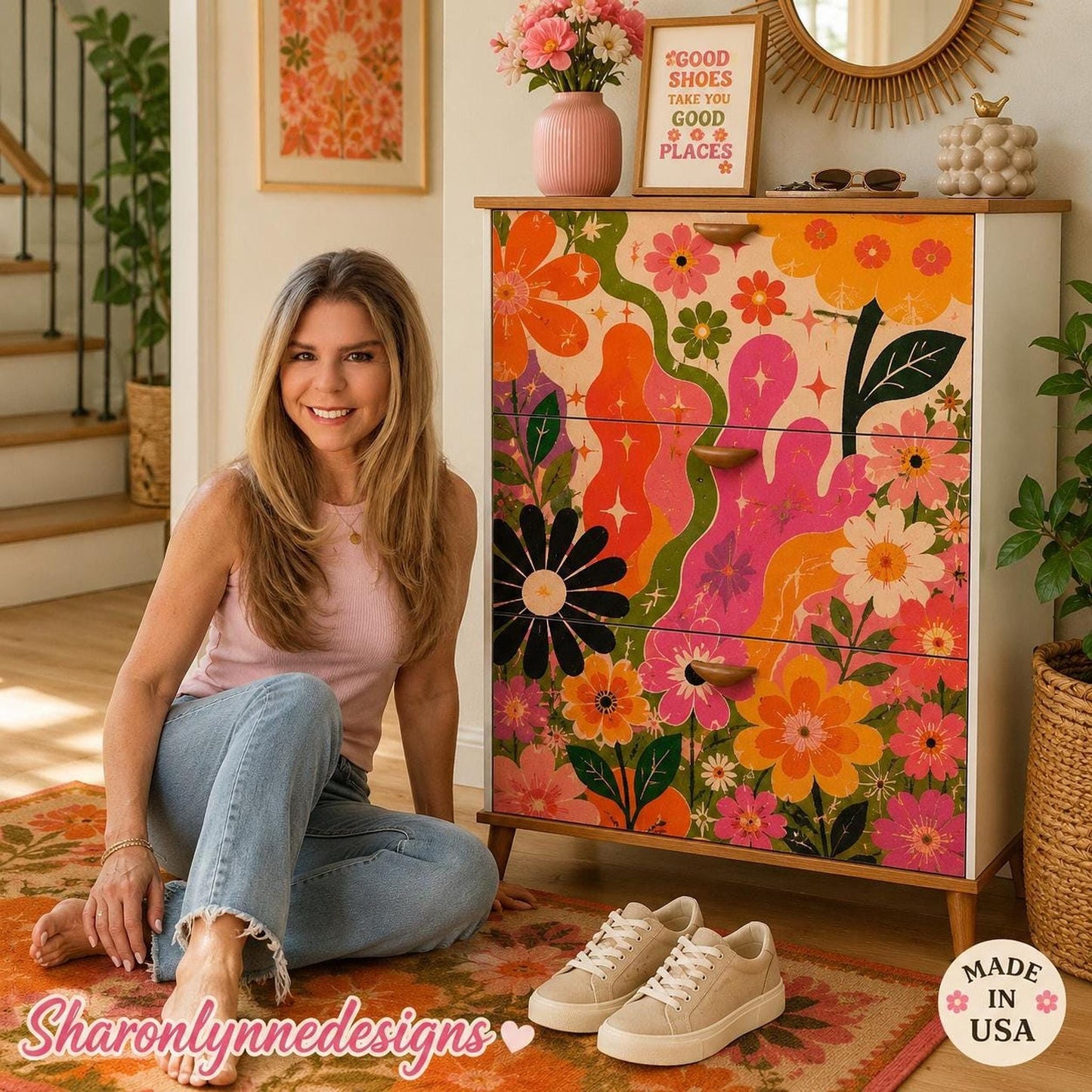 Groovy Shoe Rack, Retro Floral Cabinet with Flip Drawers for Stylish Storage