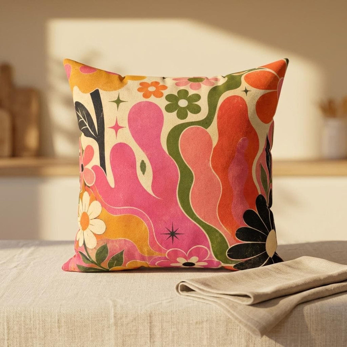 Retro Floral Pillow, 70s Boho Flower Pattern in Plush Faux Suede