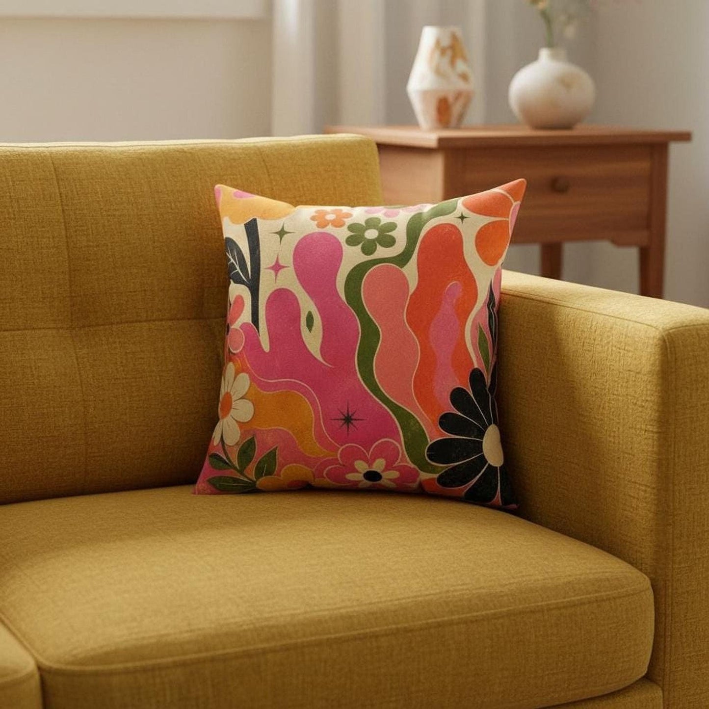 Retro Floral Pillow, 70s Boho Flower Pattern in Plush Faux Suede