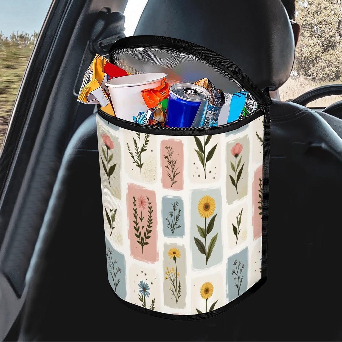 Floral Car Trash Bag, Bucket-Shaped Vehicle Waste Container with Waterproof Lining