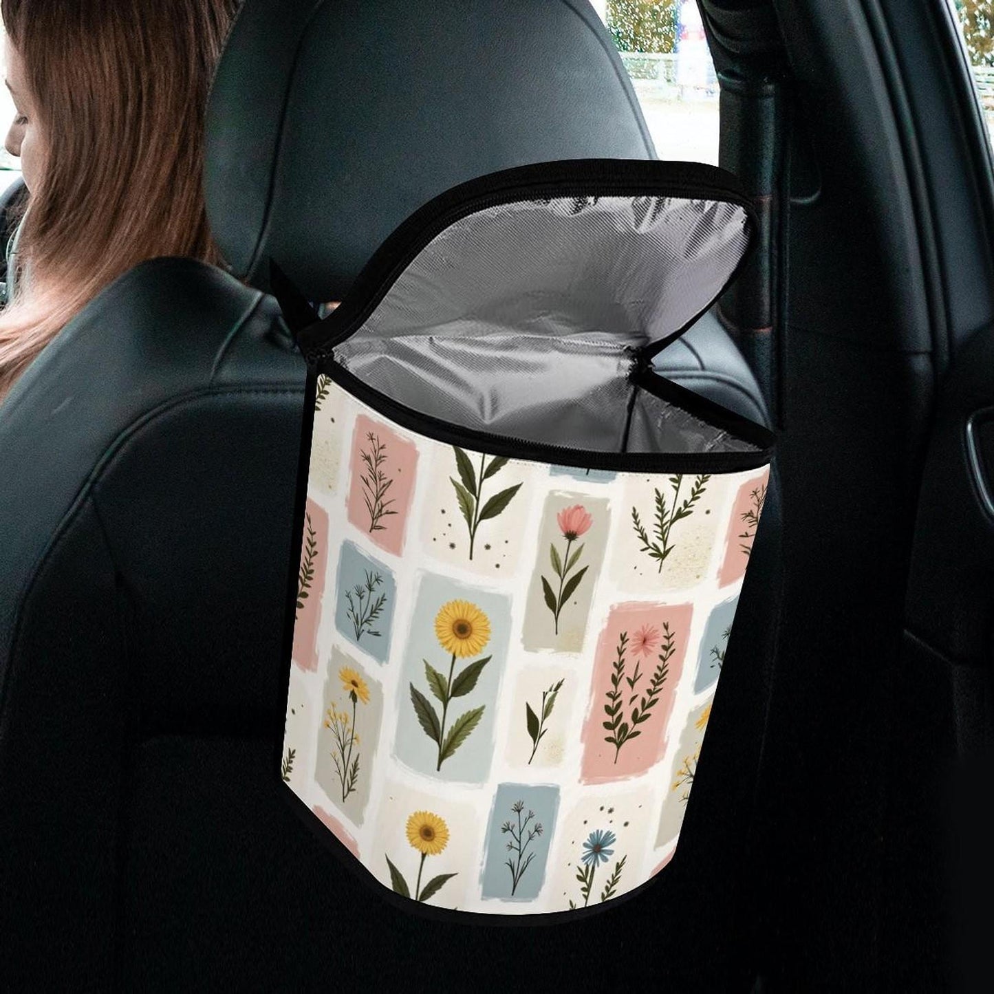 Floral Car Trash Bag, Bucket-Shaped Vehicle Waste Container with Waterproof Lining