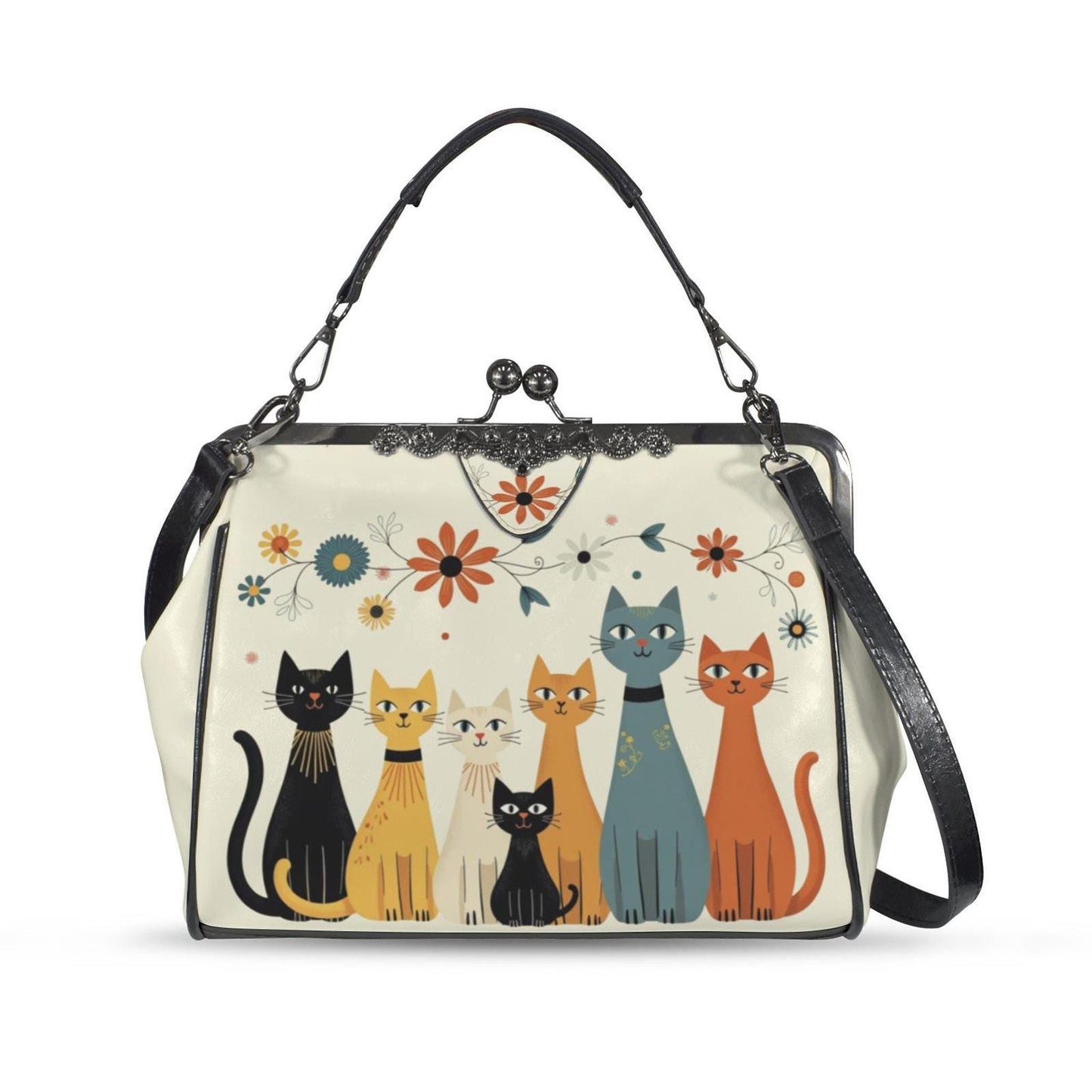 Retro Cat Purse, Waxed PU Leather Crossbody Bag with Kiss Lock Clasp