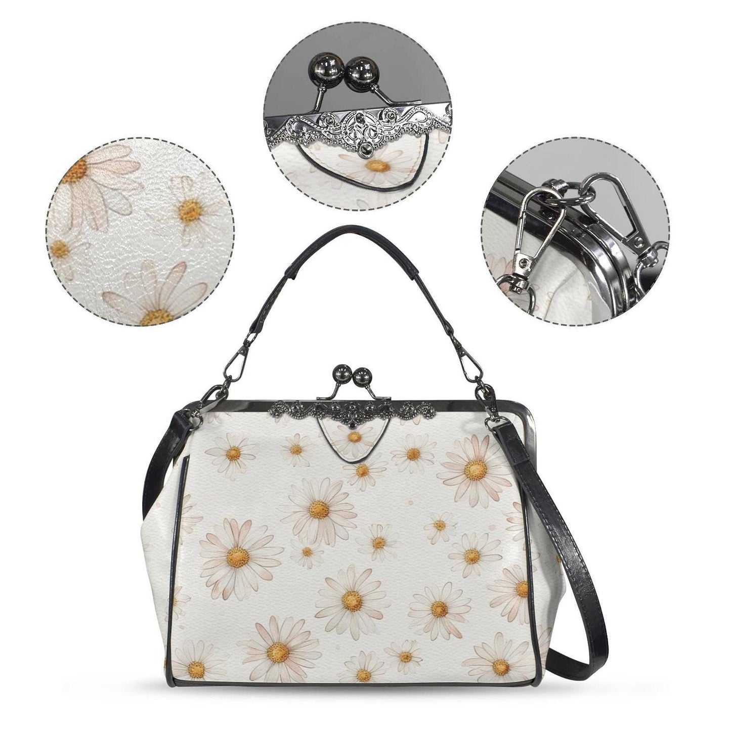 Daisy Crossbody Handbag, Vintage PU Leather Floral Purse with Kiss Lock Clasp