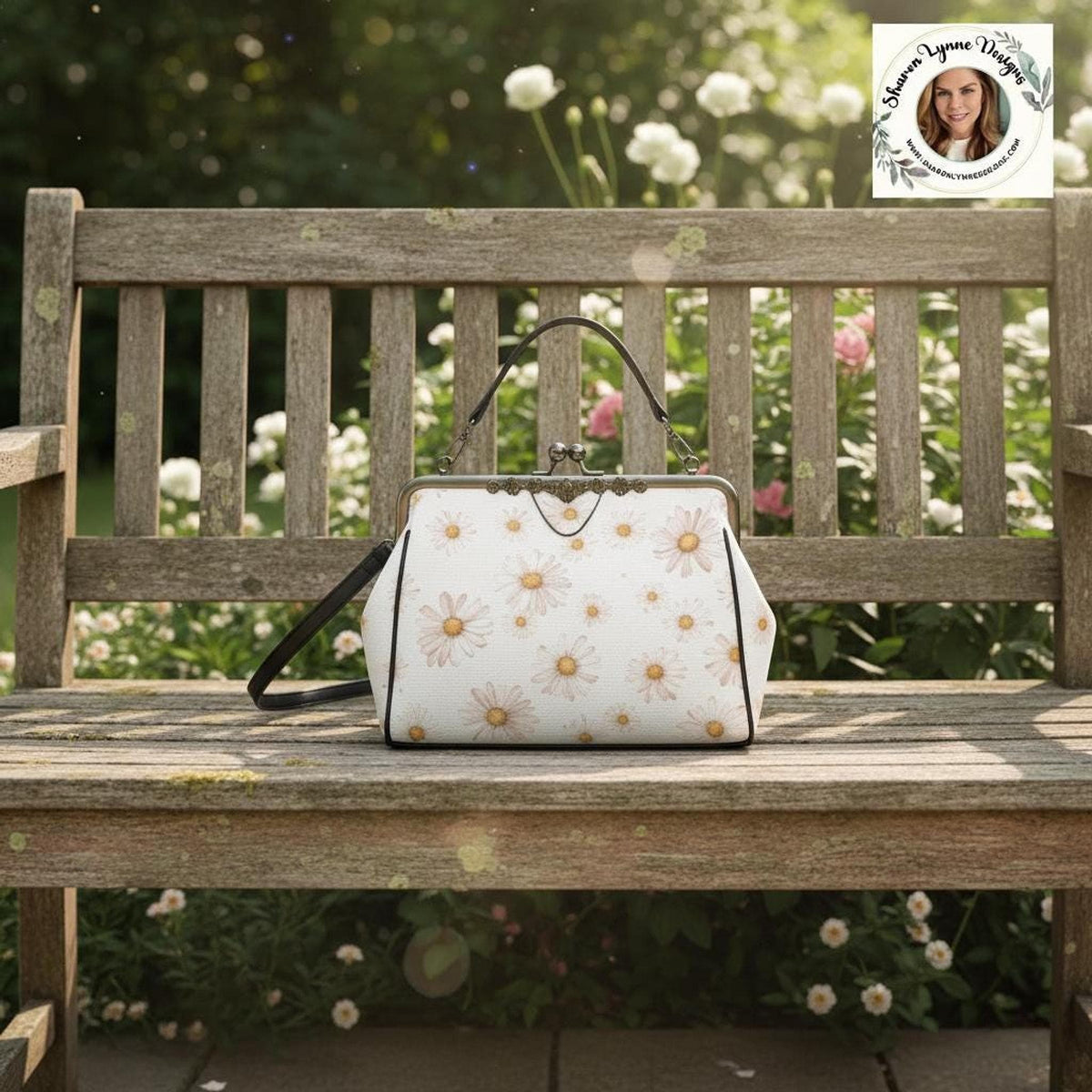 Daisy Crossbody Handbag, Vintage PU Leather Floral Purse with Kiss Lock Clasp