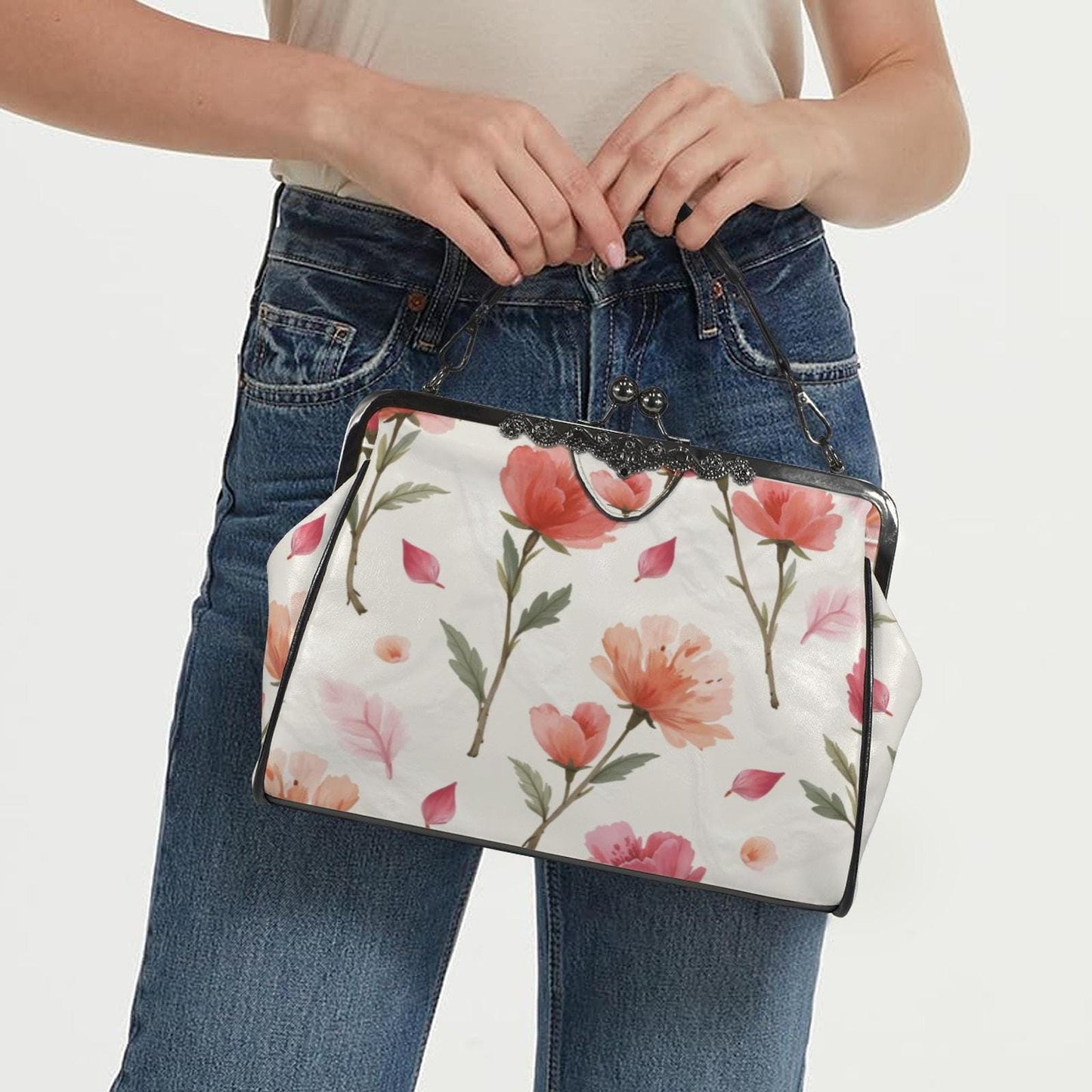 Rose Floral Kisslock Crossbody Bag, Vintage Waxed PU Purse with Removable Strap
