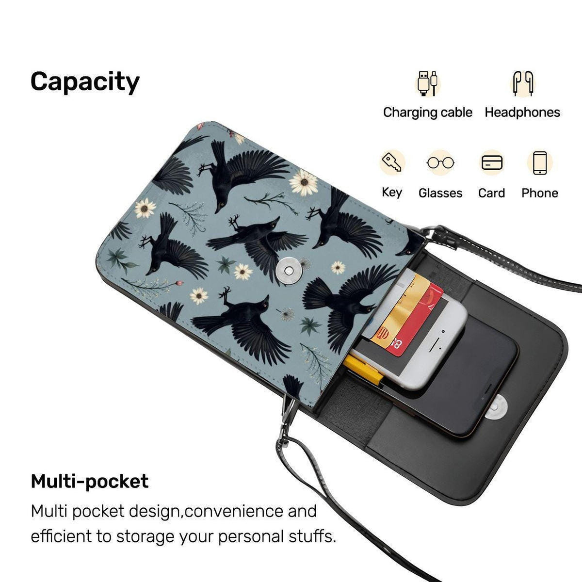Crow Leather Cell Phone Purse: Gothic Black Bird Shoulder Strap Pouch