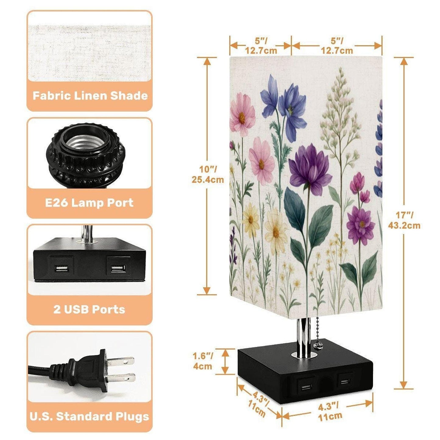 Wildflower Table Lamp with USB Charging Port, Flower Print Design for Modern Decor