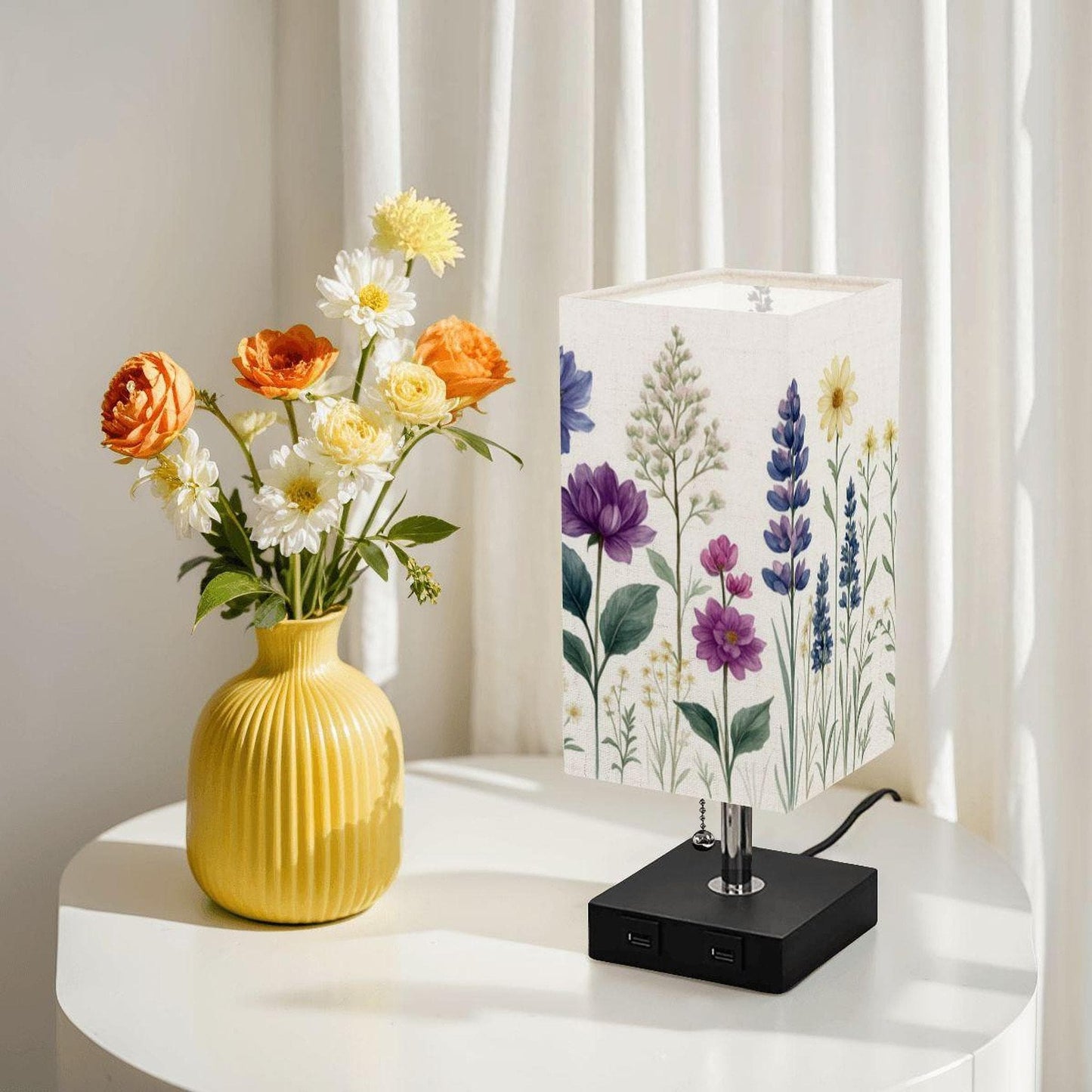 Wildflower Table Lamp with USB Charging Port, Flower Print Design for Modern Decor