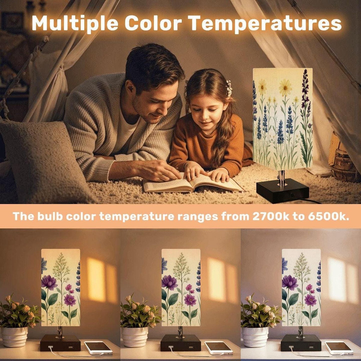 Wildflower Table Lamp with USB Charging Port, Flower Print Design for Modern Decor