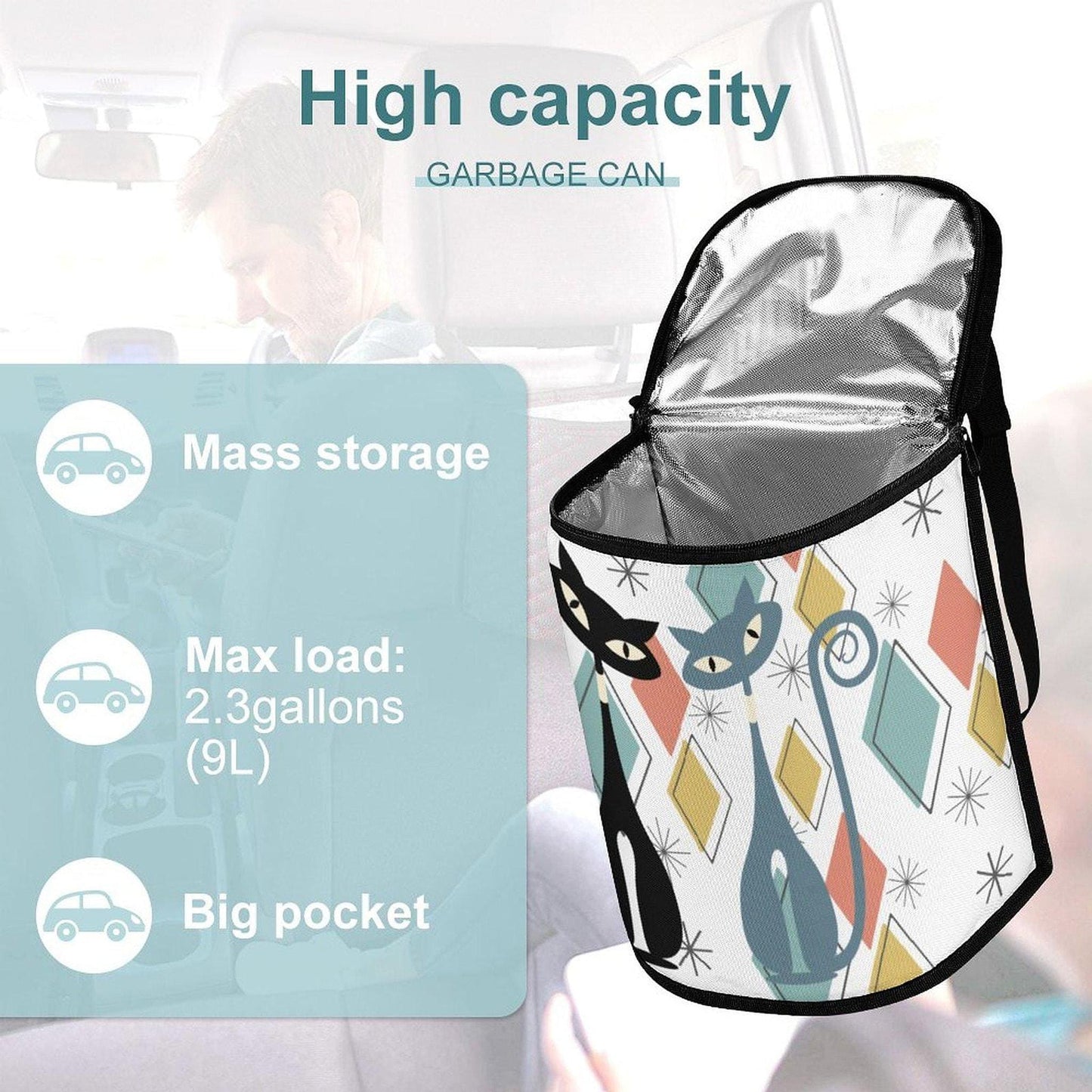 Retro Cat Trash Bin, Vintage-Style Collapsible Car Waste Container in Durable Polyester