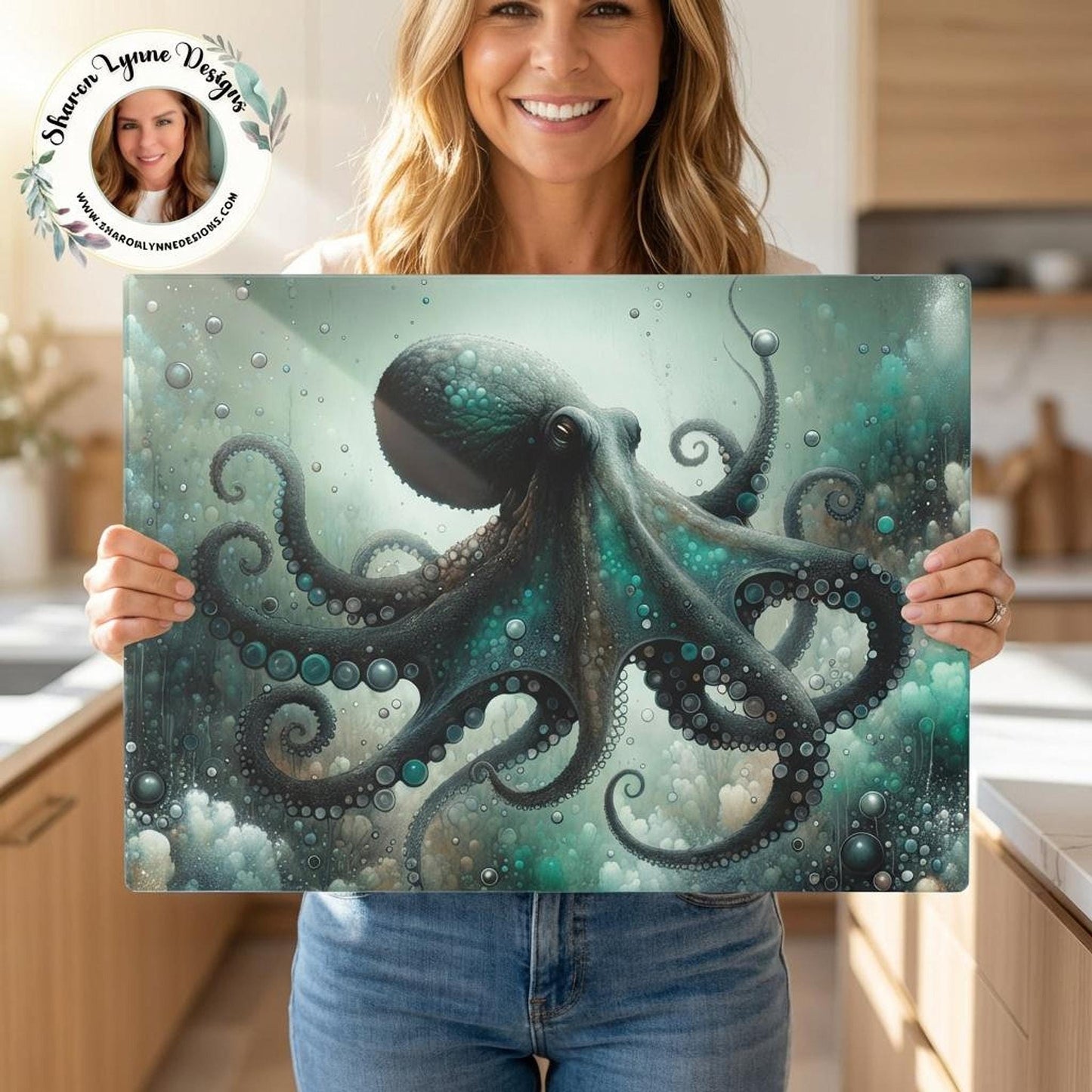 Preparation Chopping Tempered Glass Cutting Board, Watercolor Octopus Design, Two Sizes