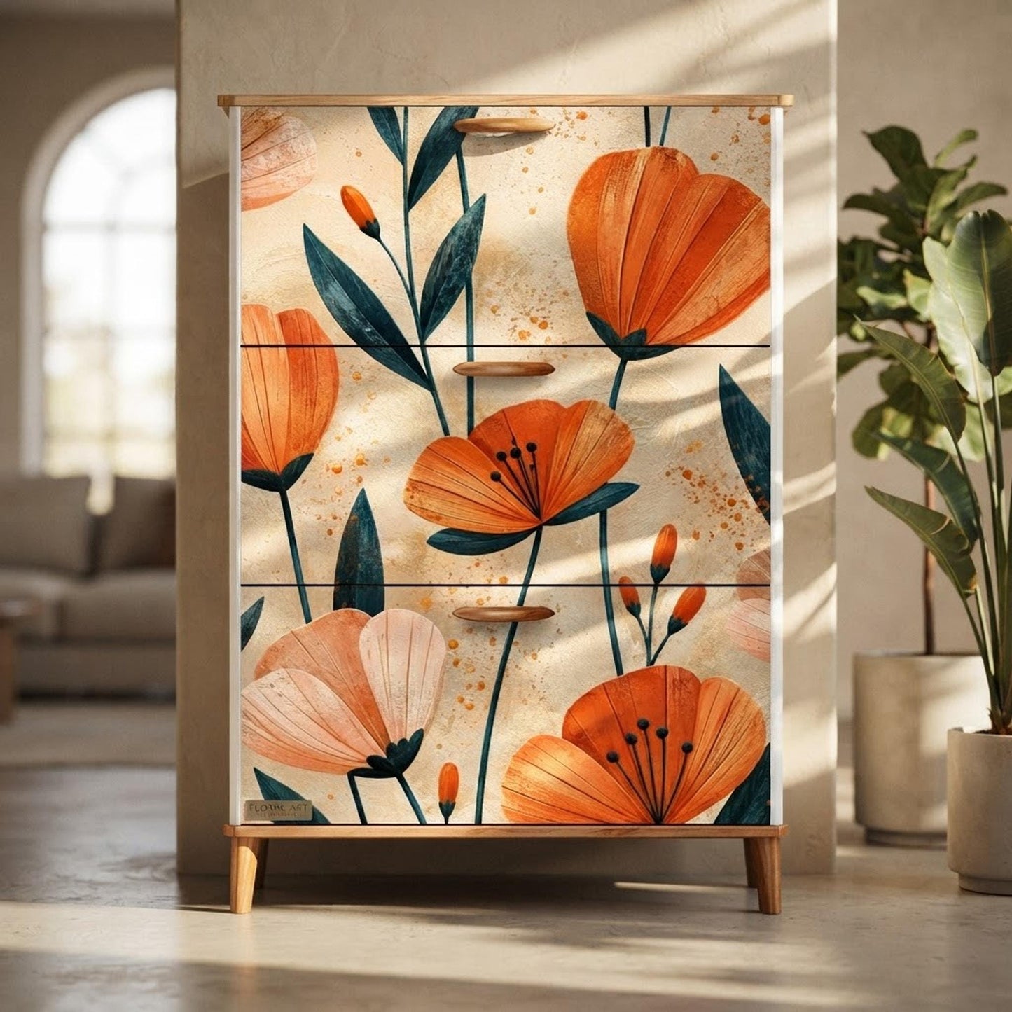 Floral Shoe Cabinet, MDF Wood with Three Foldable Drawers and Adjustable Shelves