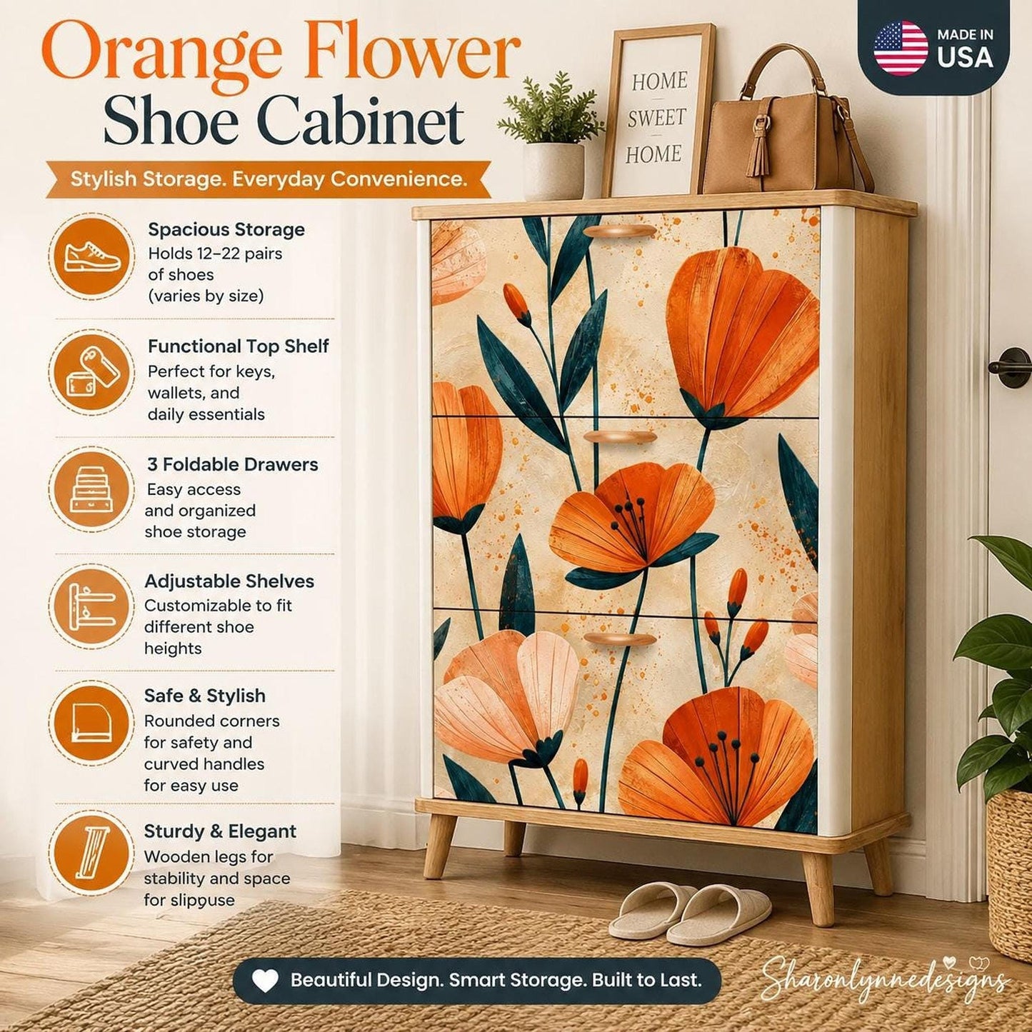 Floral Shoe Cabinet, MDF Wood with Three Foldable Drawers and Adjustable Shelves