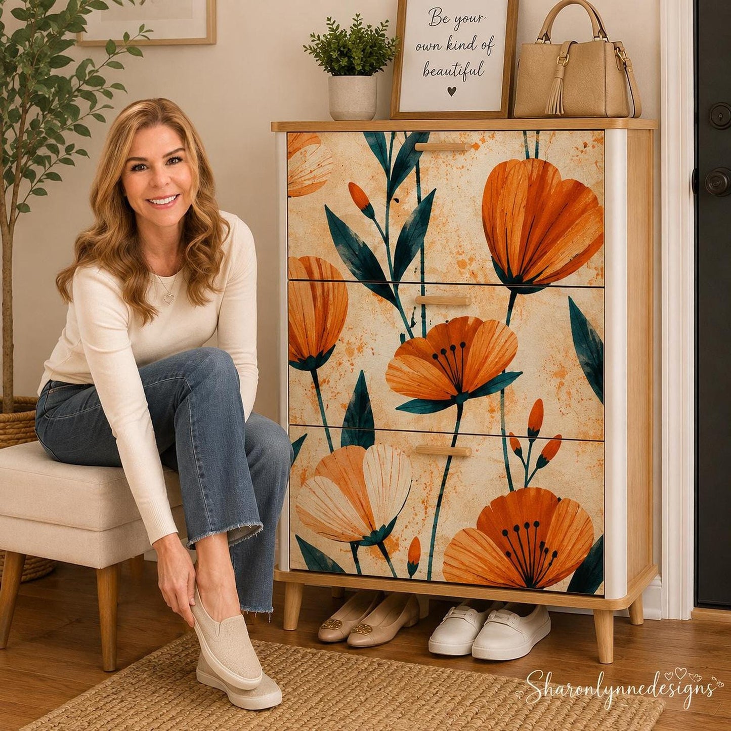 Floral Shoe Cabinet, MDF Wood with Three Foldable Drawers and Adjustable Shelves