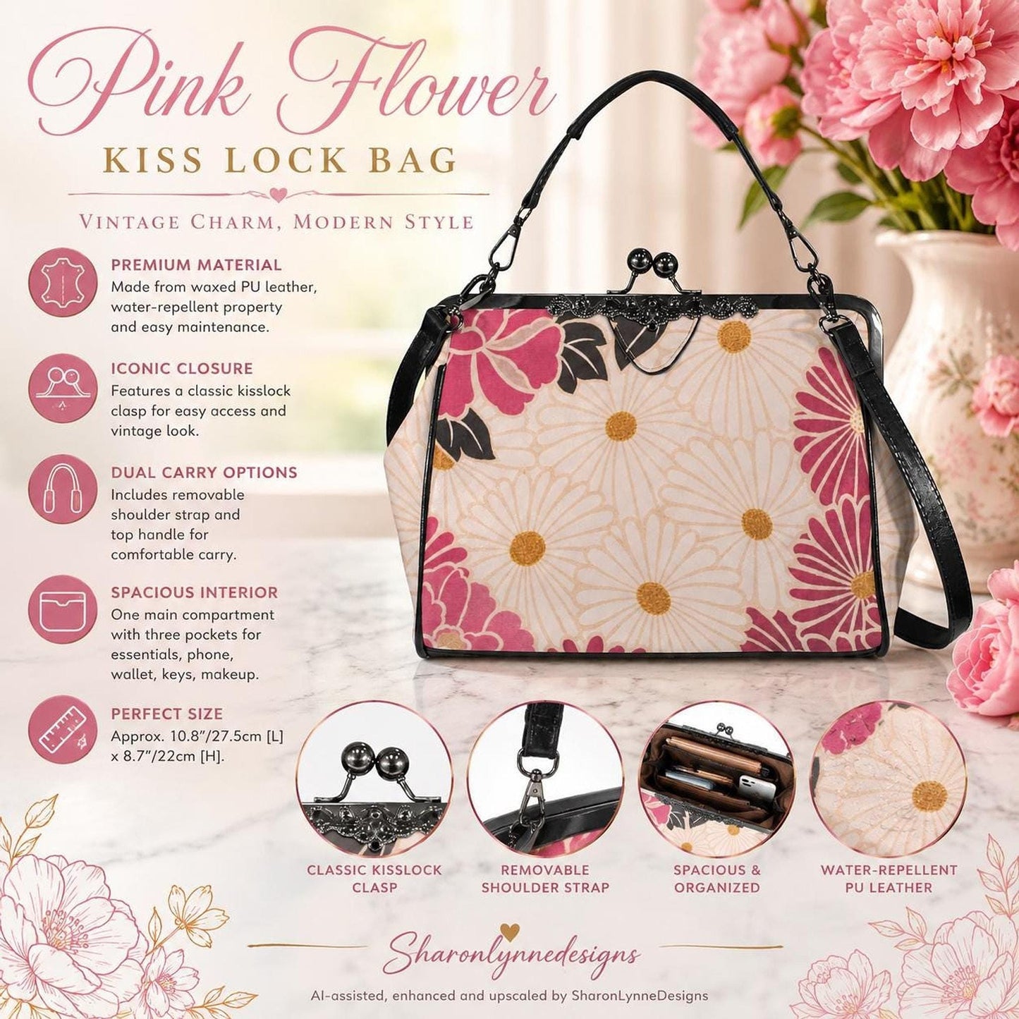 Pink Flower Kiss Lock Bag – Vintage Floral Crossbody Shoulder Purse