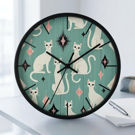 Retro White Cat Wall Clock | Mid Century Modern Animal Kitchen Decor