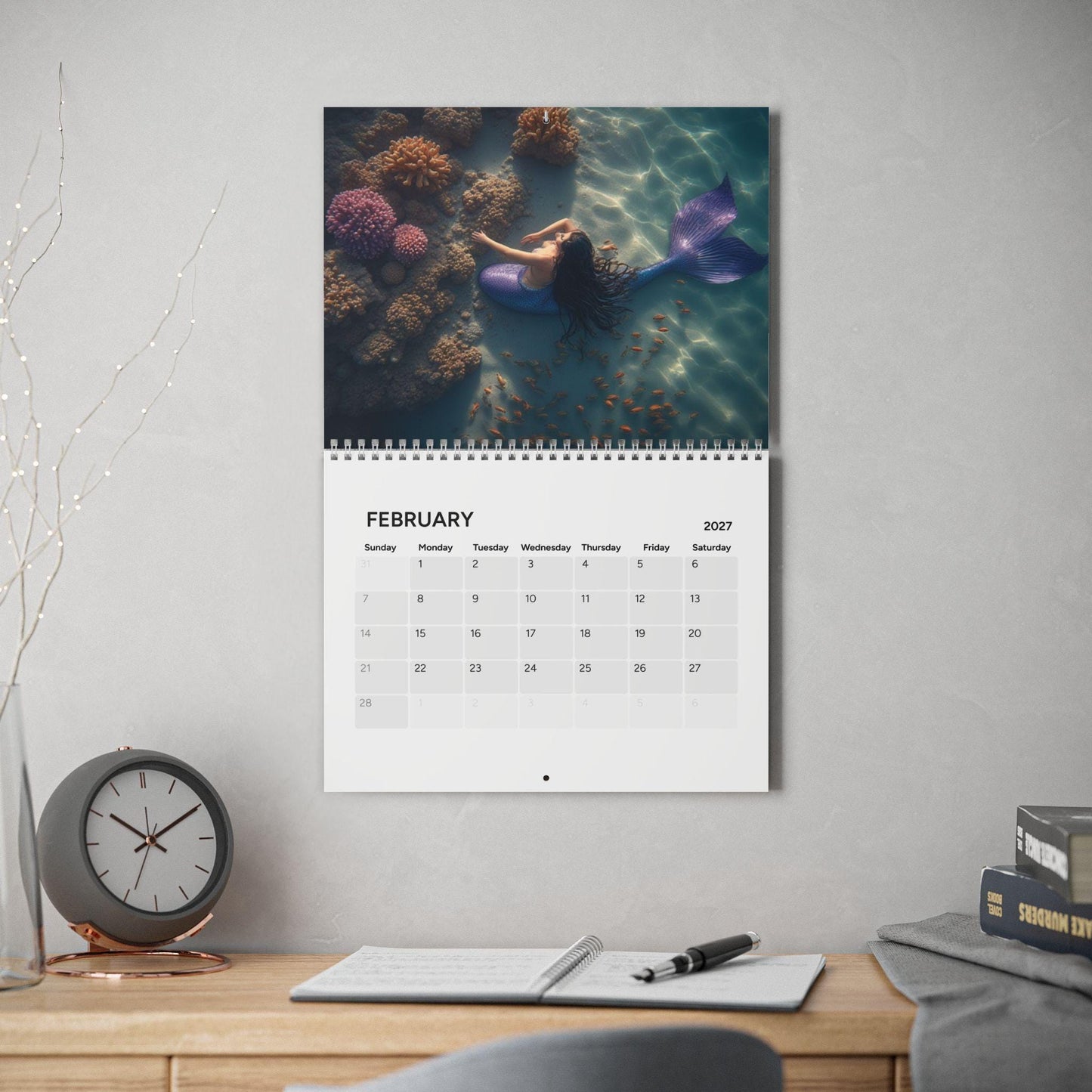 Mermaid Calendar 2027, Semi-Gloss Paper with Wire Binding, 10.8 × 8.4 Inches