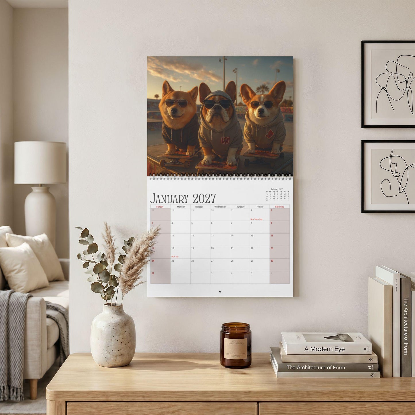 2027 Dog Wall Calendar, Blank Writable Monthly Planner with Wire Binding