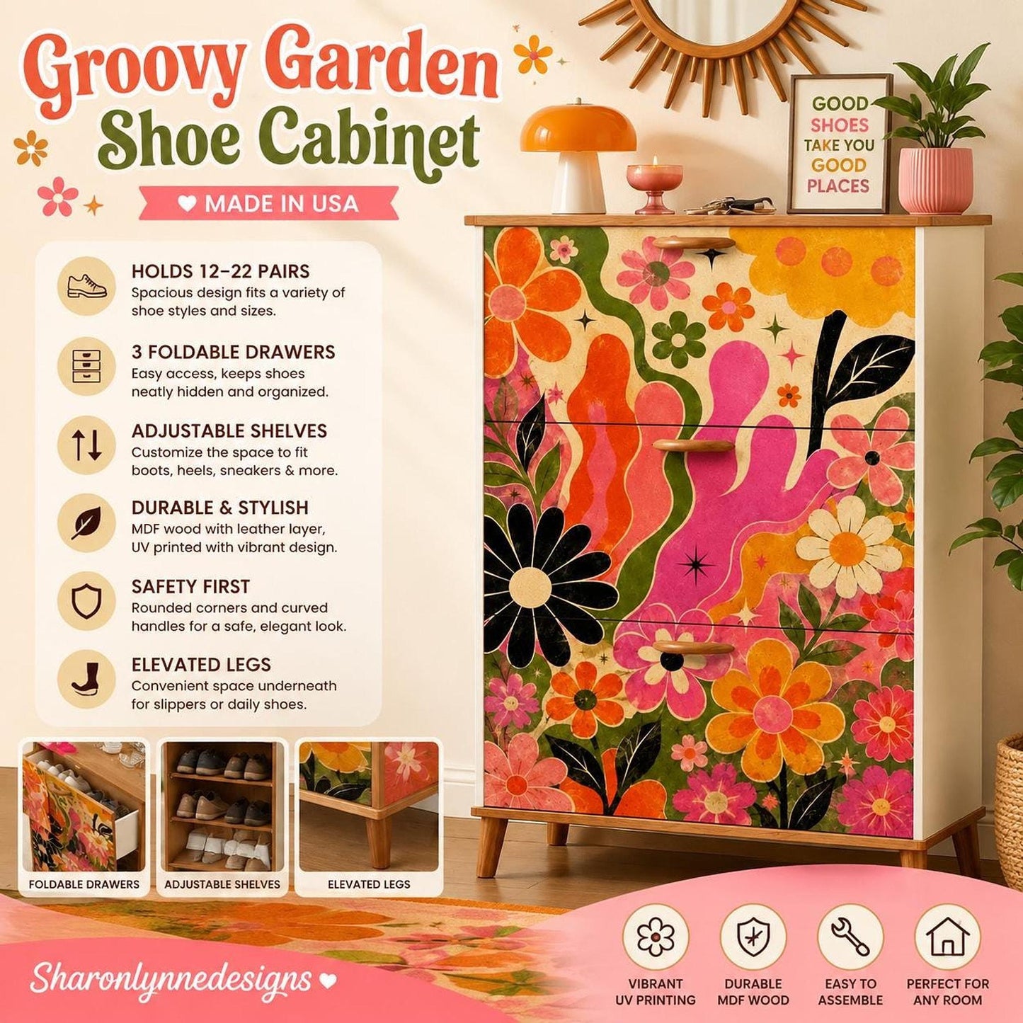 Groovy Shoe Rack, Retro Floral Cabinet with Flip Drawers for Stylish Storage
