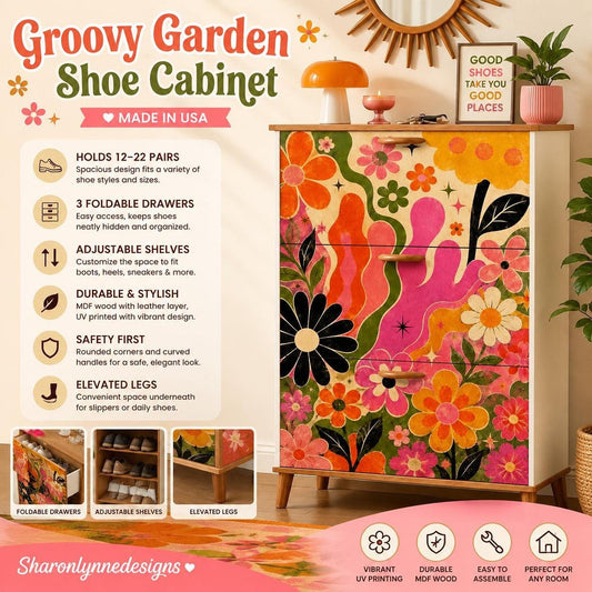 Groovy Shoe Rack, Retro Floral Cabinet with Flip Drawers for Stylish Storage