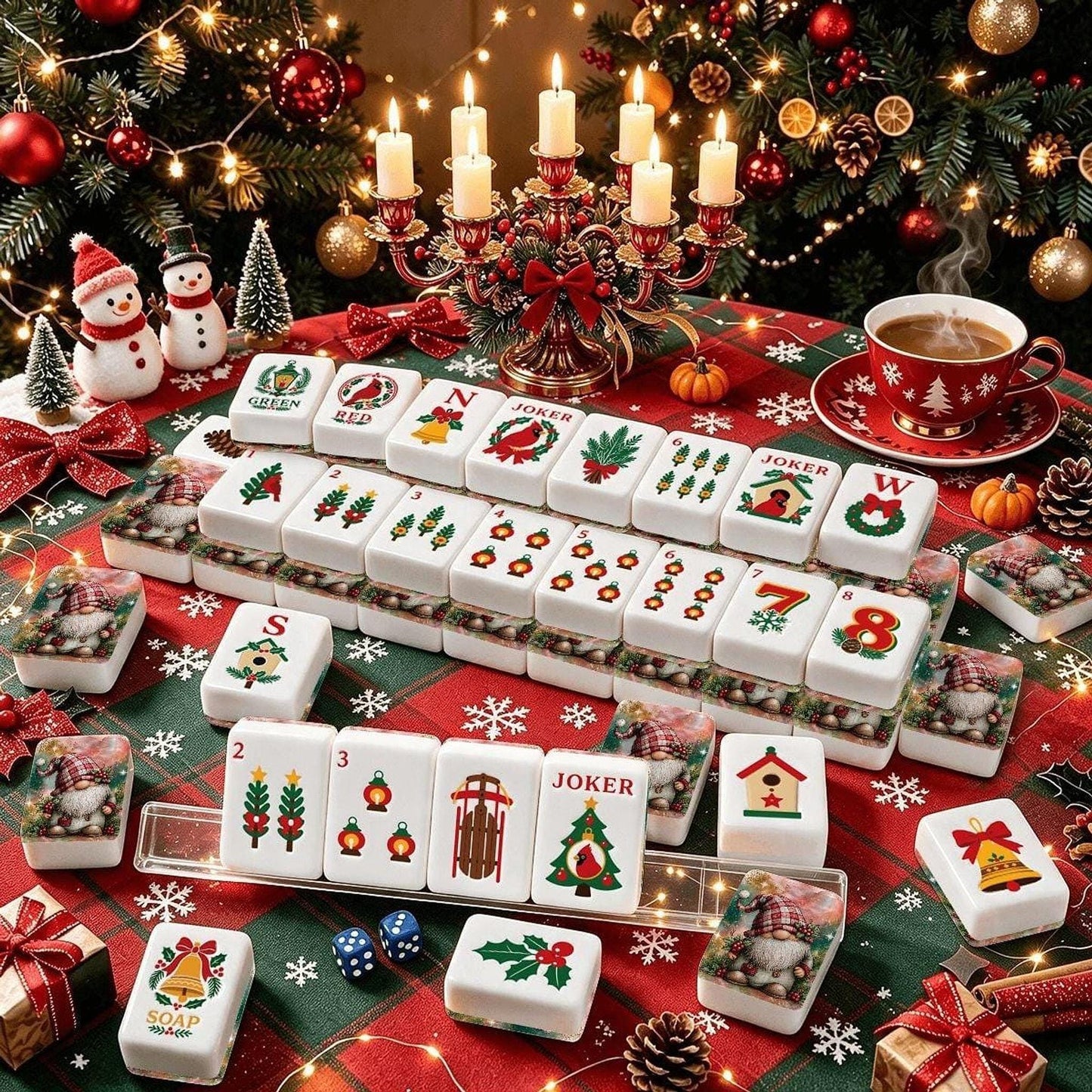 Christmas Gnome American Mahjong Set, 160 Acrylic Tiles, Winter Cardinal Design