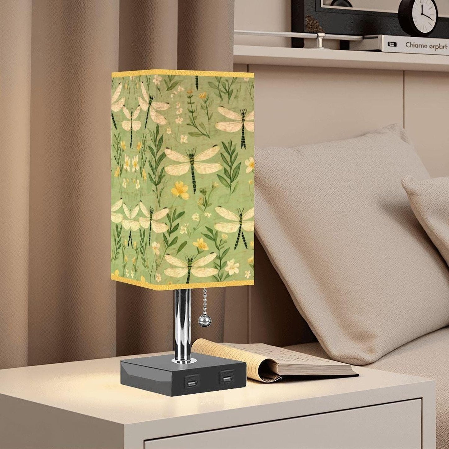 Dragonfly Table Lamp with USB Port, Gold Trim and Linen Shade - Modern Nightstand Lighting