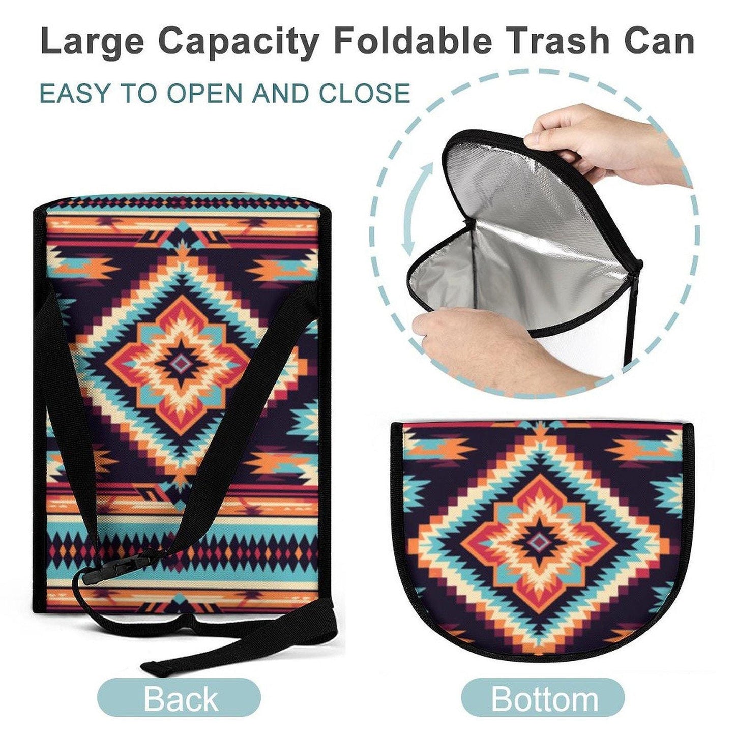 Collapsible Car Trash Bin, Native Pattern Polyester Wastebasket for Vehicle Organization
