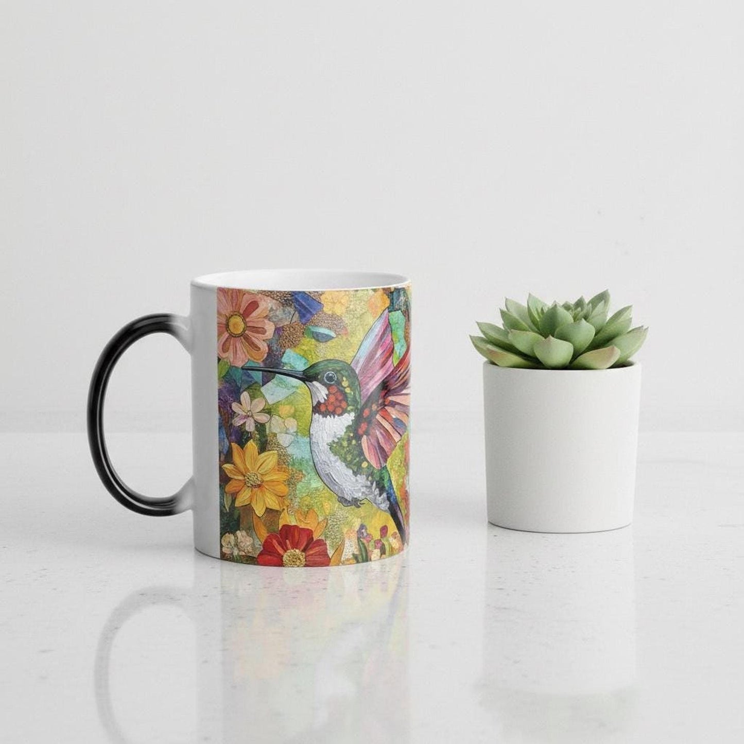Heat Activated Mug with Hummingbird Design, Color Changing Ceramic Coffee Cup