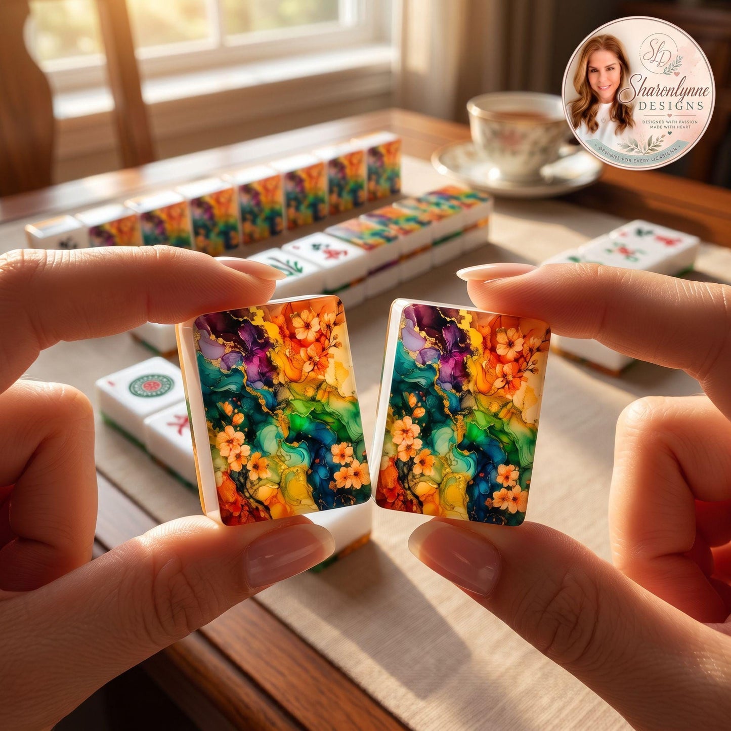 Bright Floral American Mahjong Tile Set, 166-Piece Acrylic with Single-Sided UV Printing