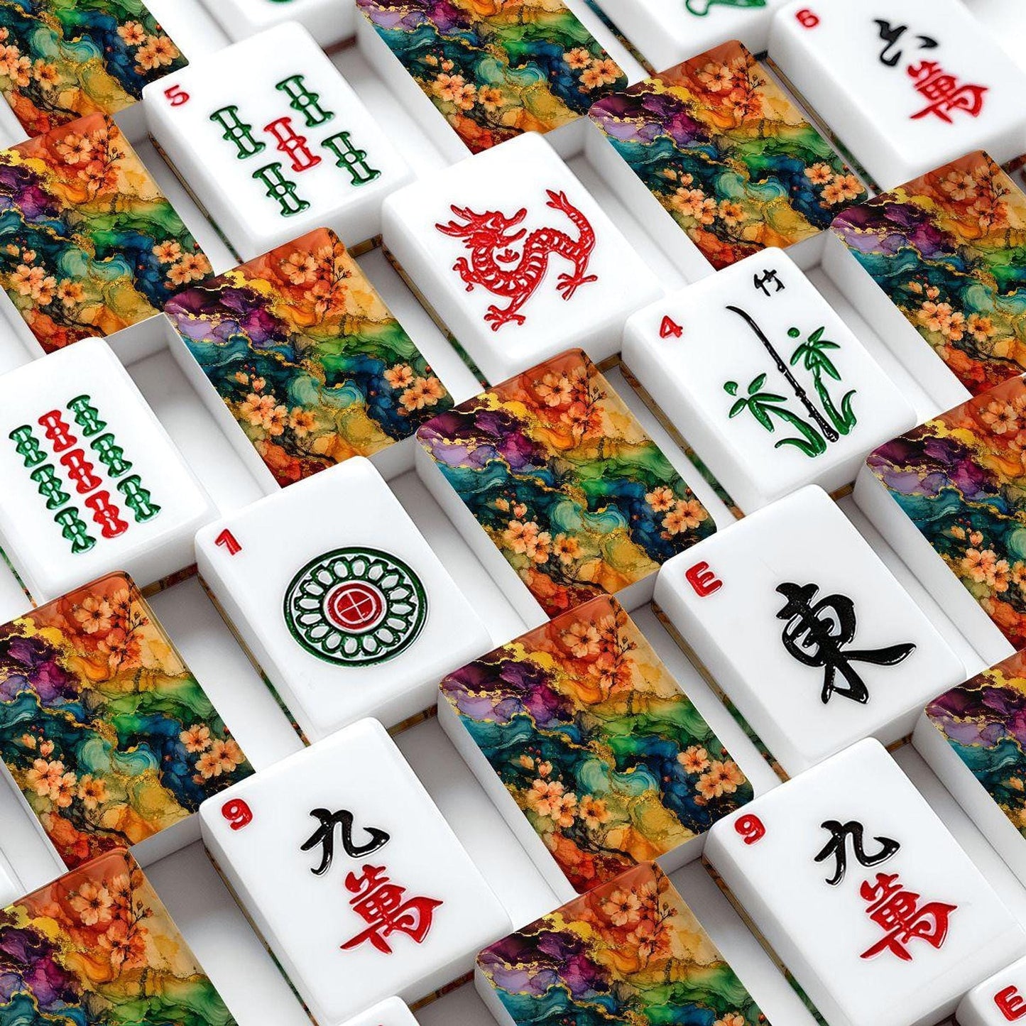 Bright Floral American Mahjong Tile Set, 166-Piece Acrylic with Single-Sided UV Printing