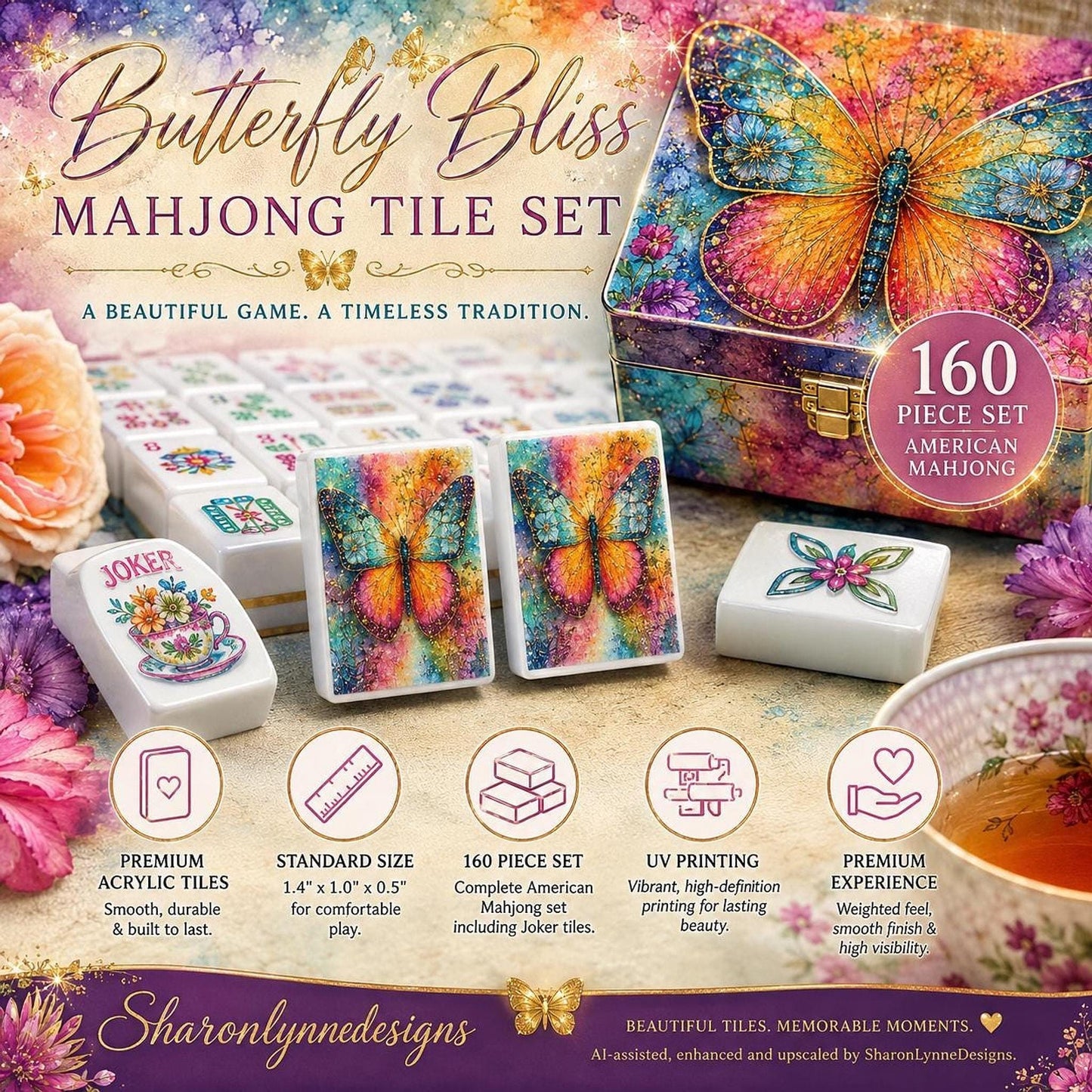 Butterfly Mahjong Tile Set, 160 Acrylic with Joker Designs for Game Night